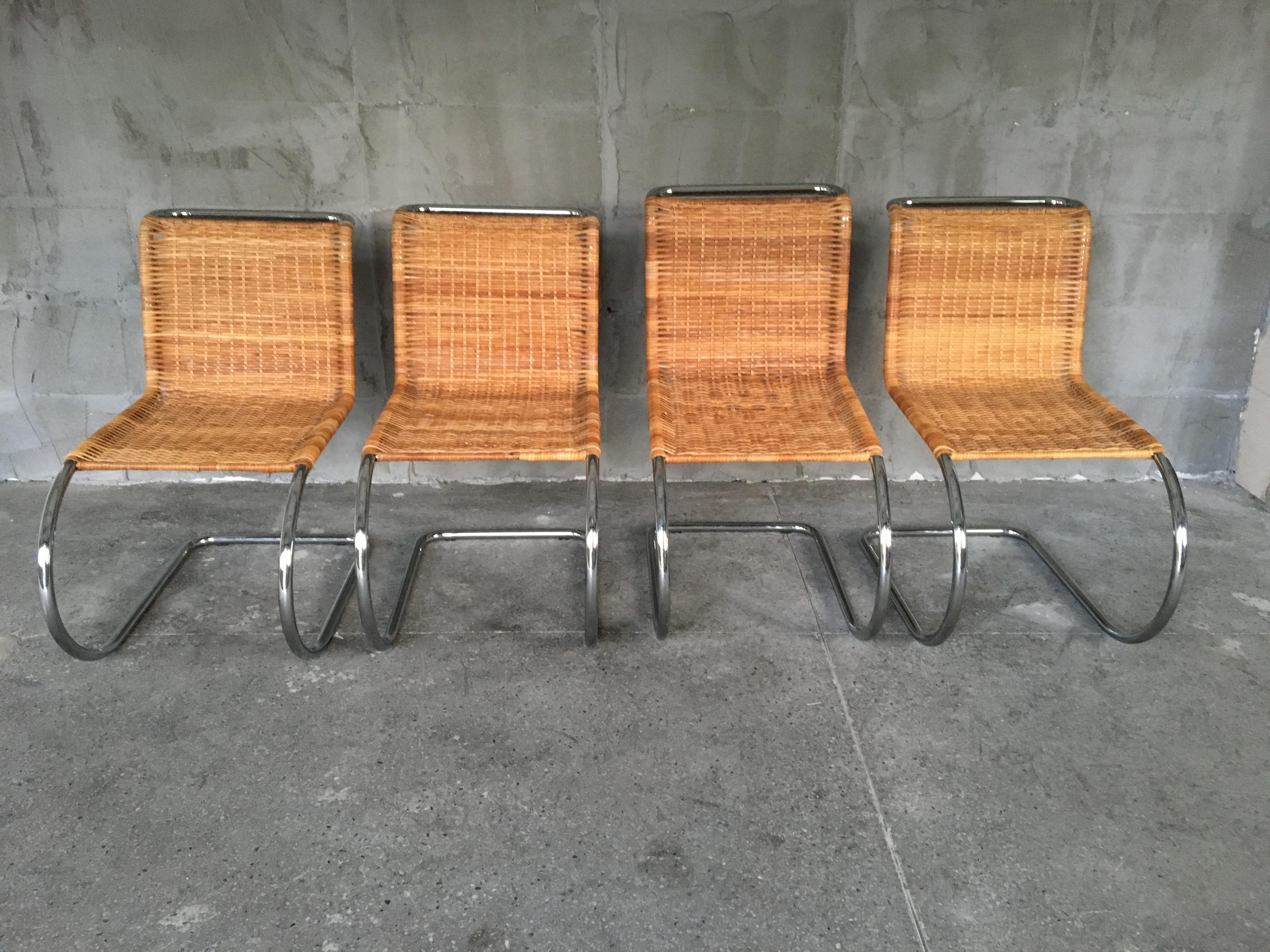Splendid set of four MR10 rattan and chrome chairs of the renowned designer Ludwig Mies van der Rohe. The set was sollected for a while from France. One of the chair has small damages on the rattan as is shown on the picture.