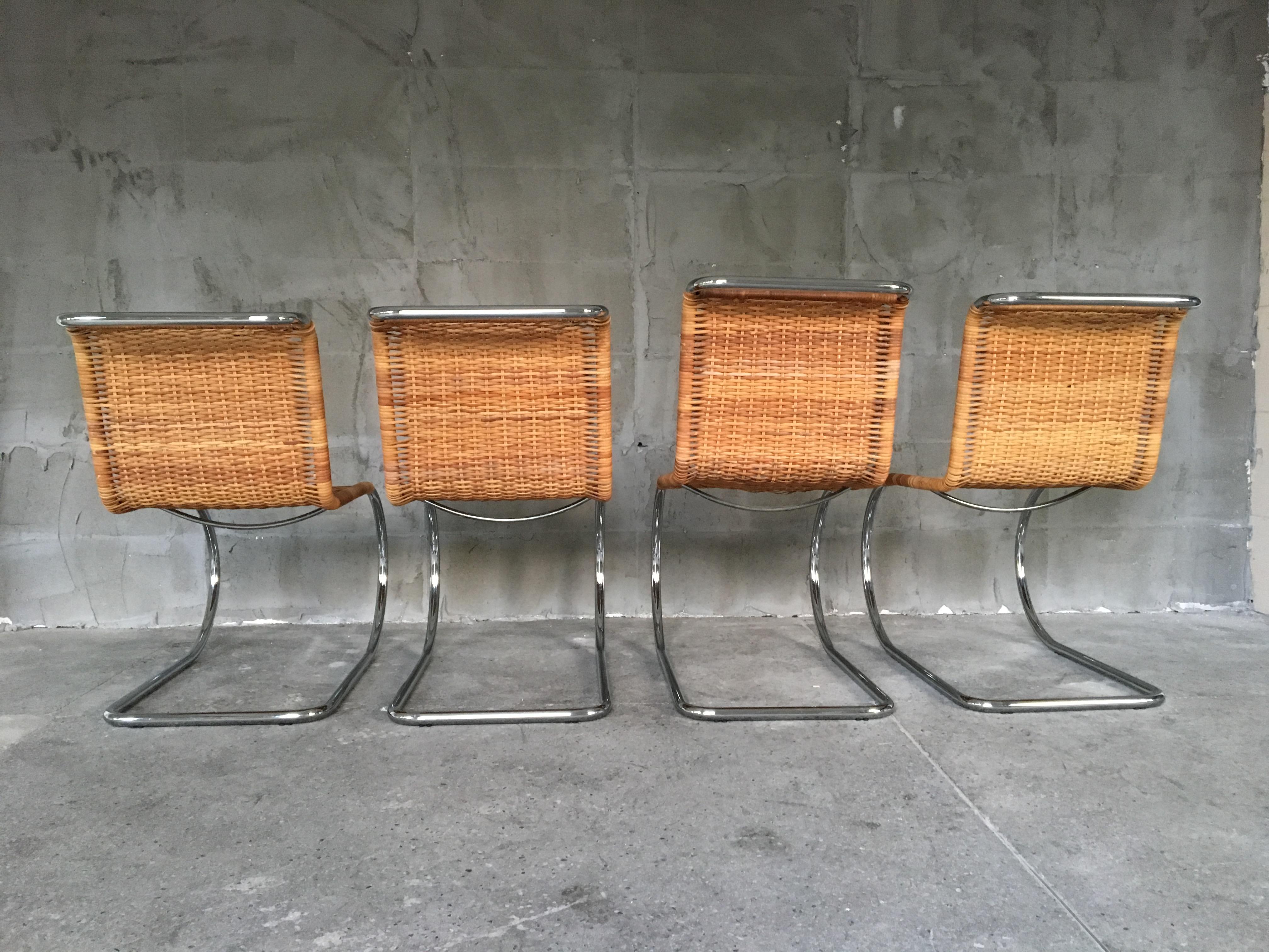 Mid-Century Modern Rare Set of Four Mies van der Rohe Rattan and Chrome MR10 Chairs For Sale
