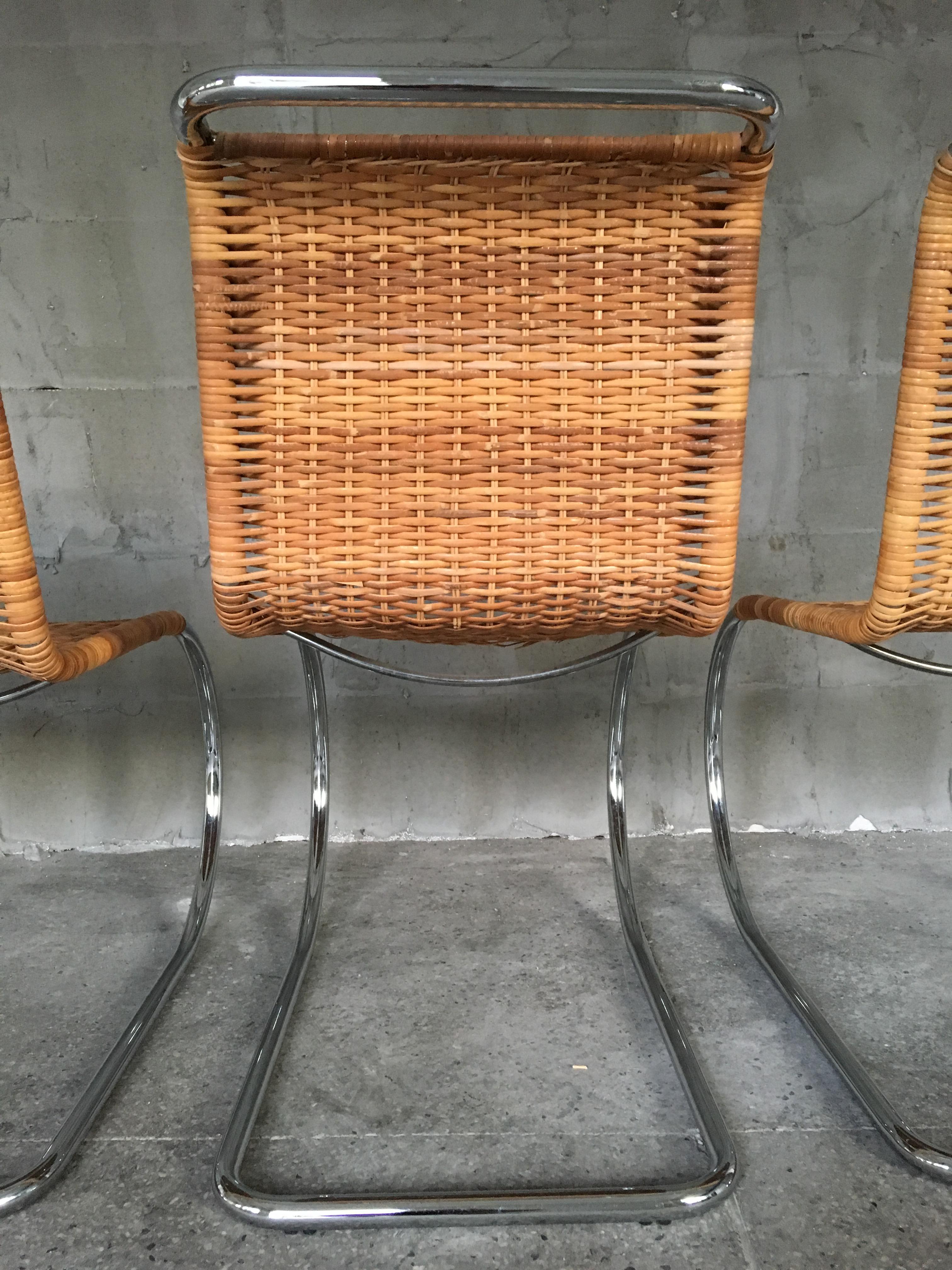 Rare Set of Four Mies van der Rohe Rattan and Chrome MR10 Chairs In Good Condition For Sale In Sofia, BG