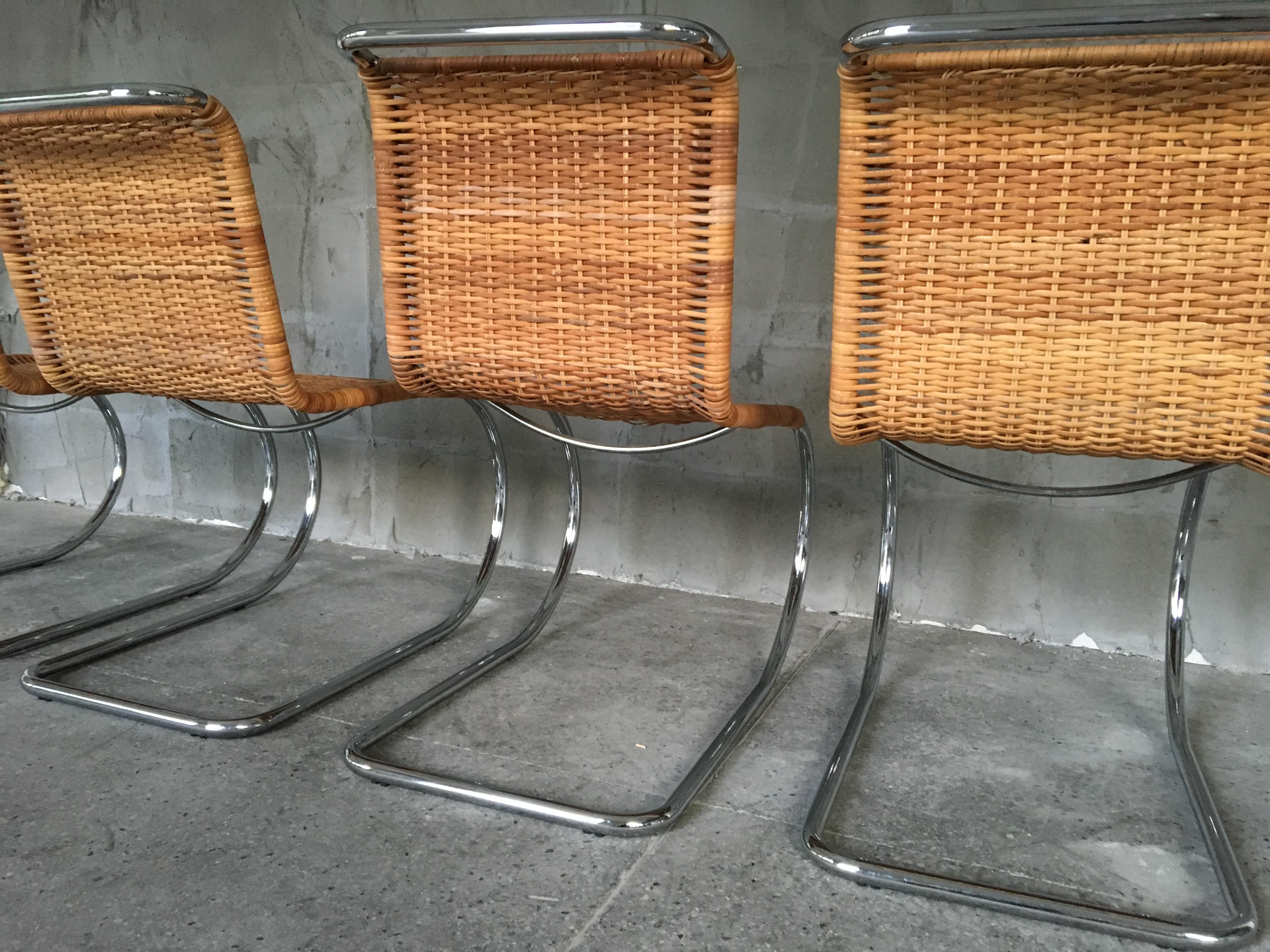 Late 20th Century Rare Set of Four Mies van der Rohe Rattan and Chrome MR10 Chairs For Sale