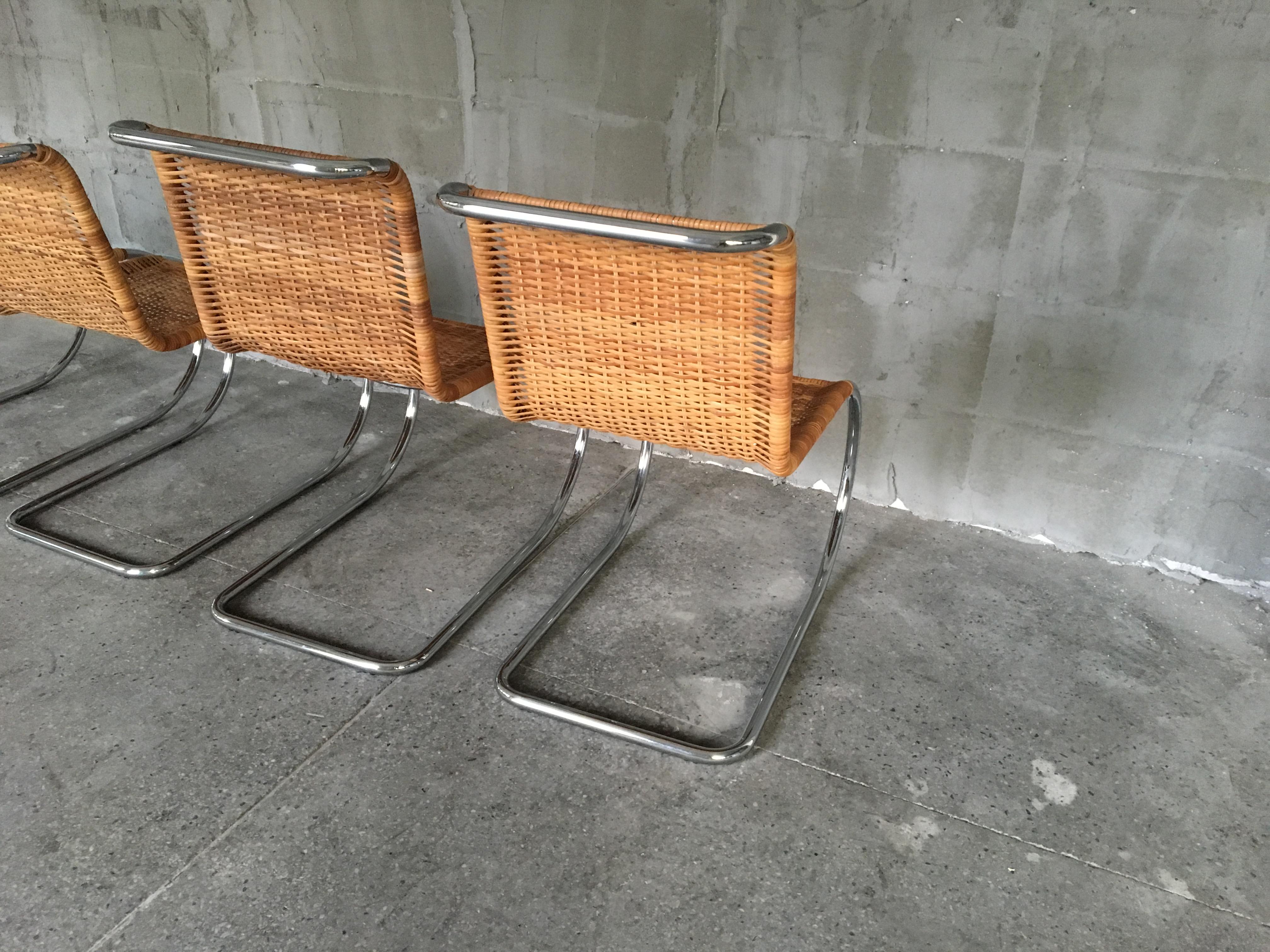 Rare Set of Four Mies van der Rohe Rattan and Chrome MR10 Chairs For Sale 1