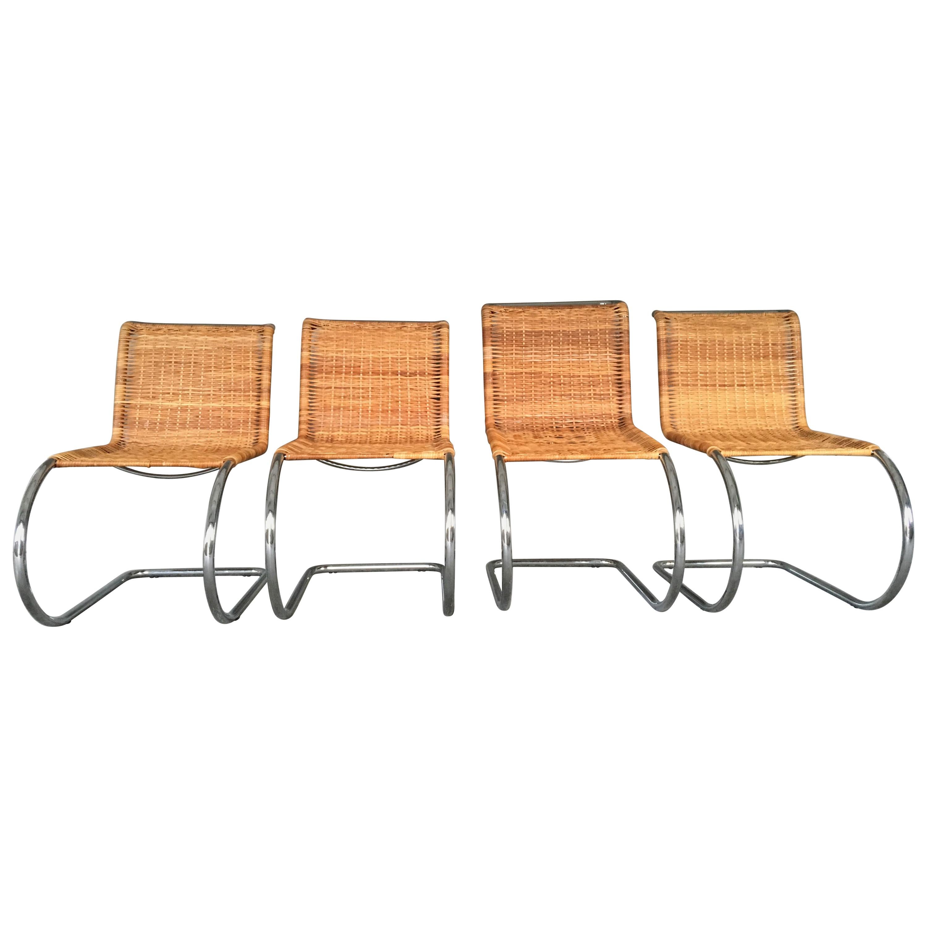 Rare Set of Four Mies van der Rohe Rattan and Chrome MR10 Chairs For Sale