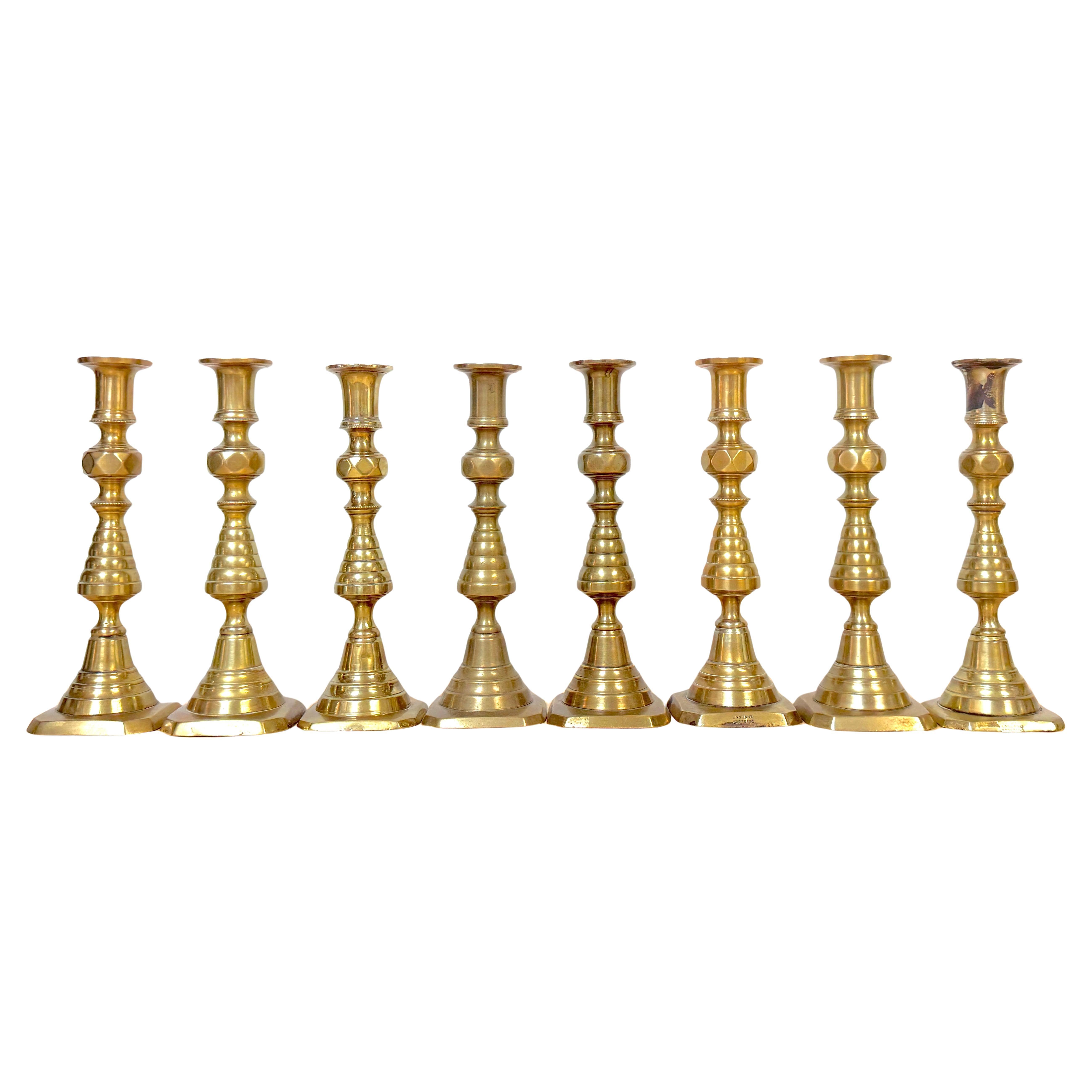Rare Set of Four Pair 19th C English Brass Sculptural Beehive Candlesticks