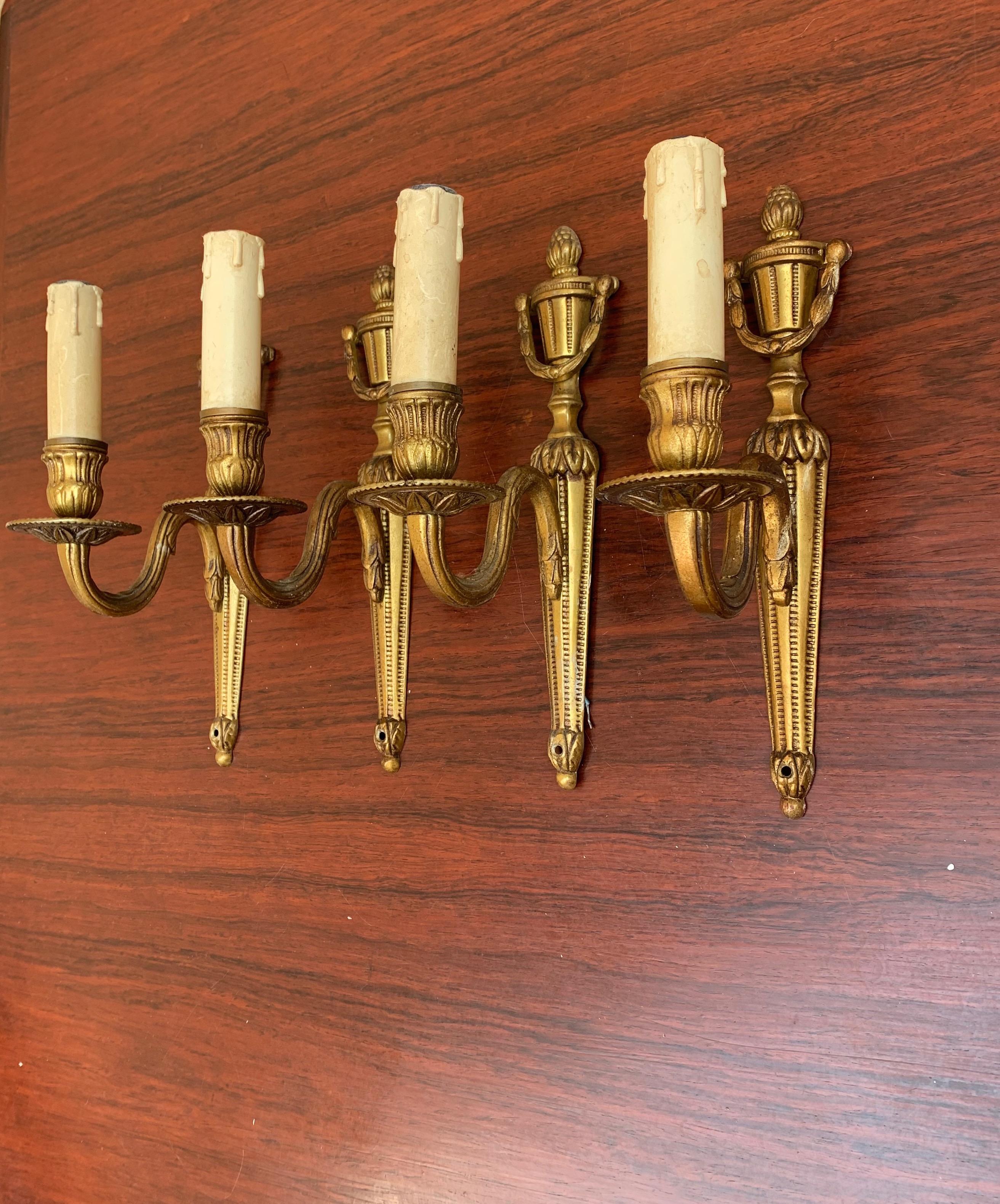Hand-Crafted Rare Set of Four Practical Size Empire Revival Bronze Single Light Wall Sconces