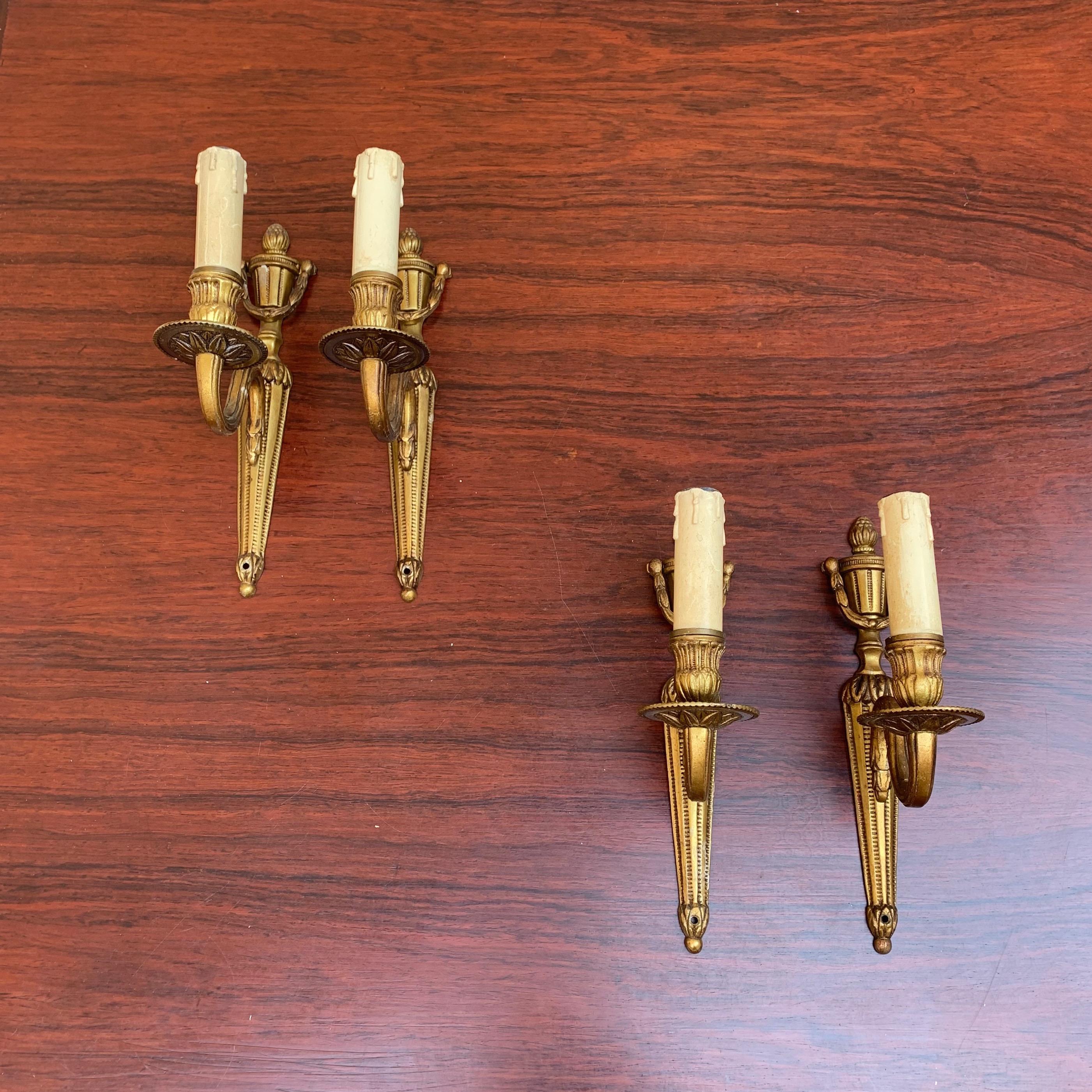 Rare Set of Four Practical Size Empire Revival Bronze Single Light Wall Sconces In Good Condition In Lisse, NL