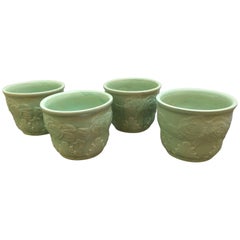 Antique Rare Set of Four Roseville Celadon Green Cachepots Planters Jardinaires