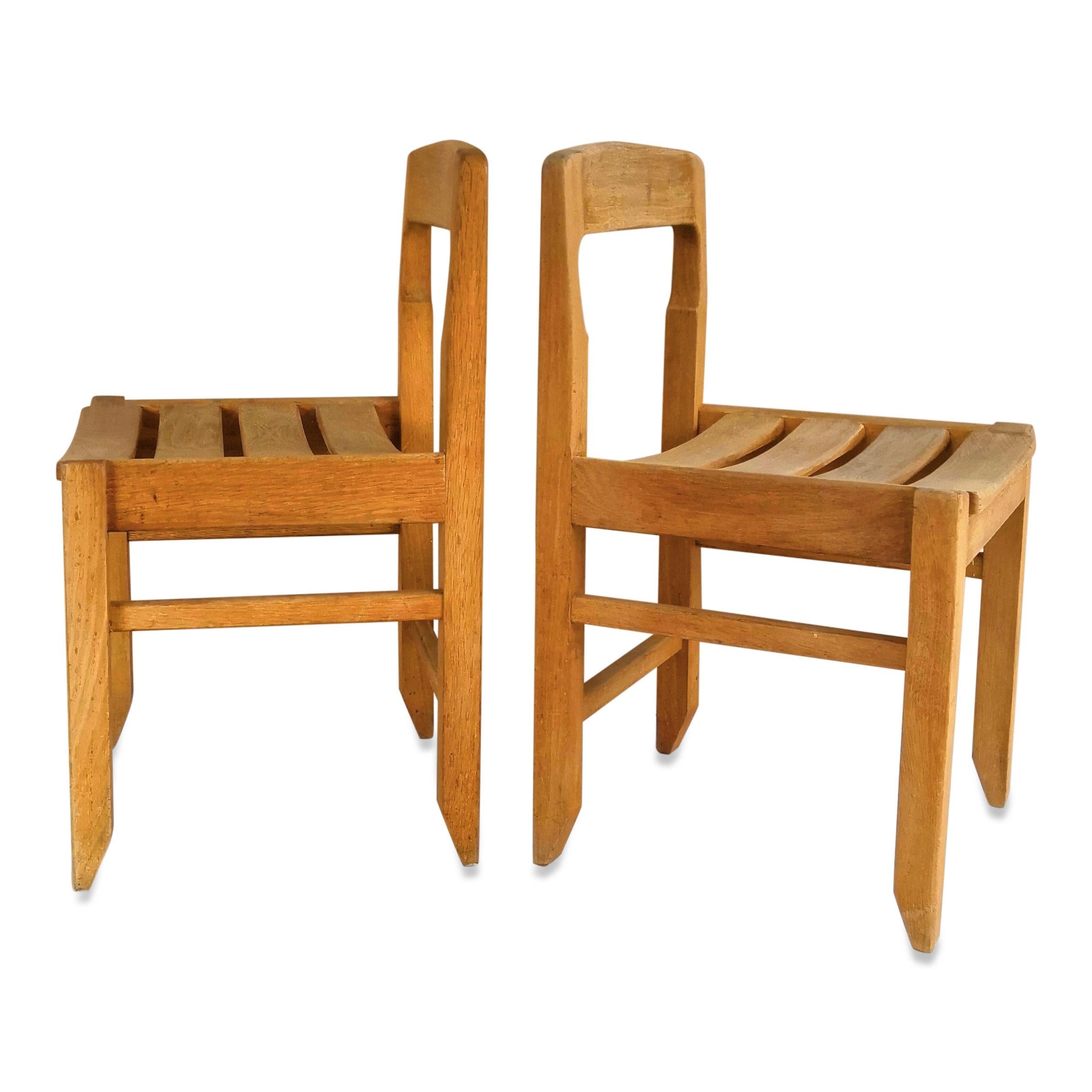 Mid-20th Century Rare Set of Four Solid French Oak Chairs by Guillerme & Chambron, France, 1960s