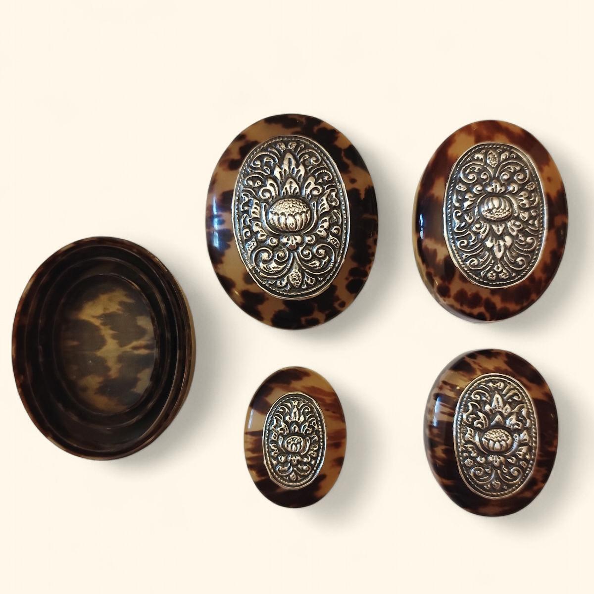 Rare Set of Four Tortoiseshell And Silver Nesting Boxes, Yogyakarta, Indonesia For Sale 2