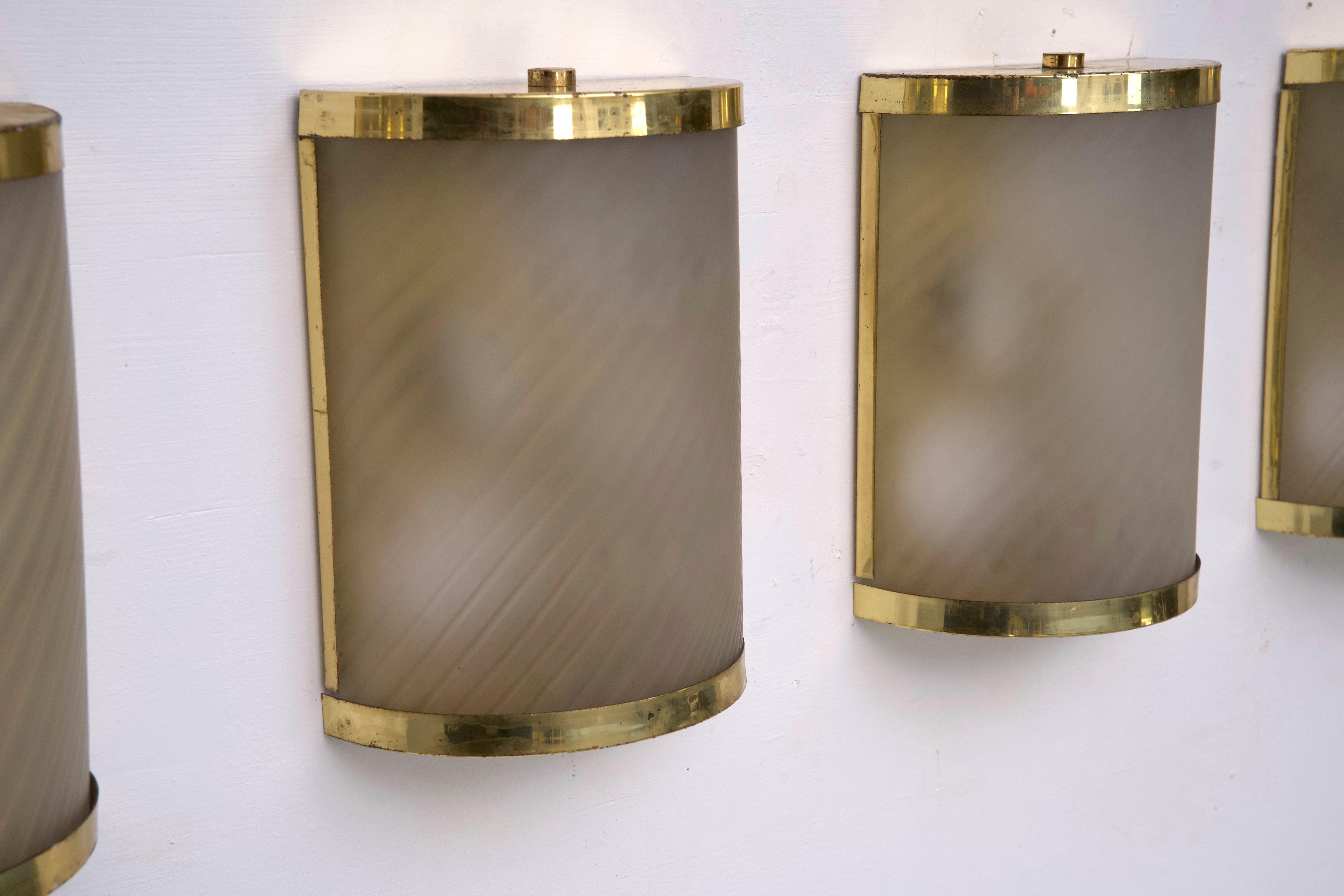 Rare Set of Four Valentino Brass and Etched Glass Wall Sconces, Italy 1980s For Sale 5