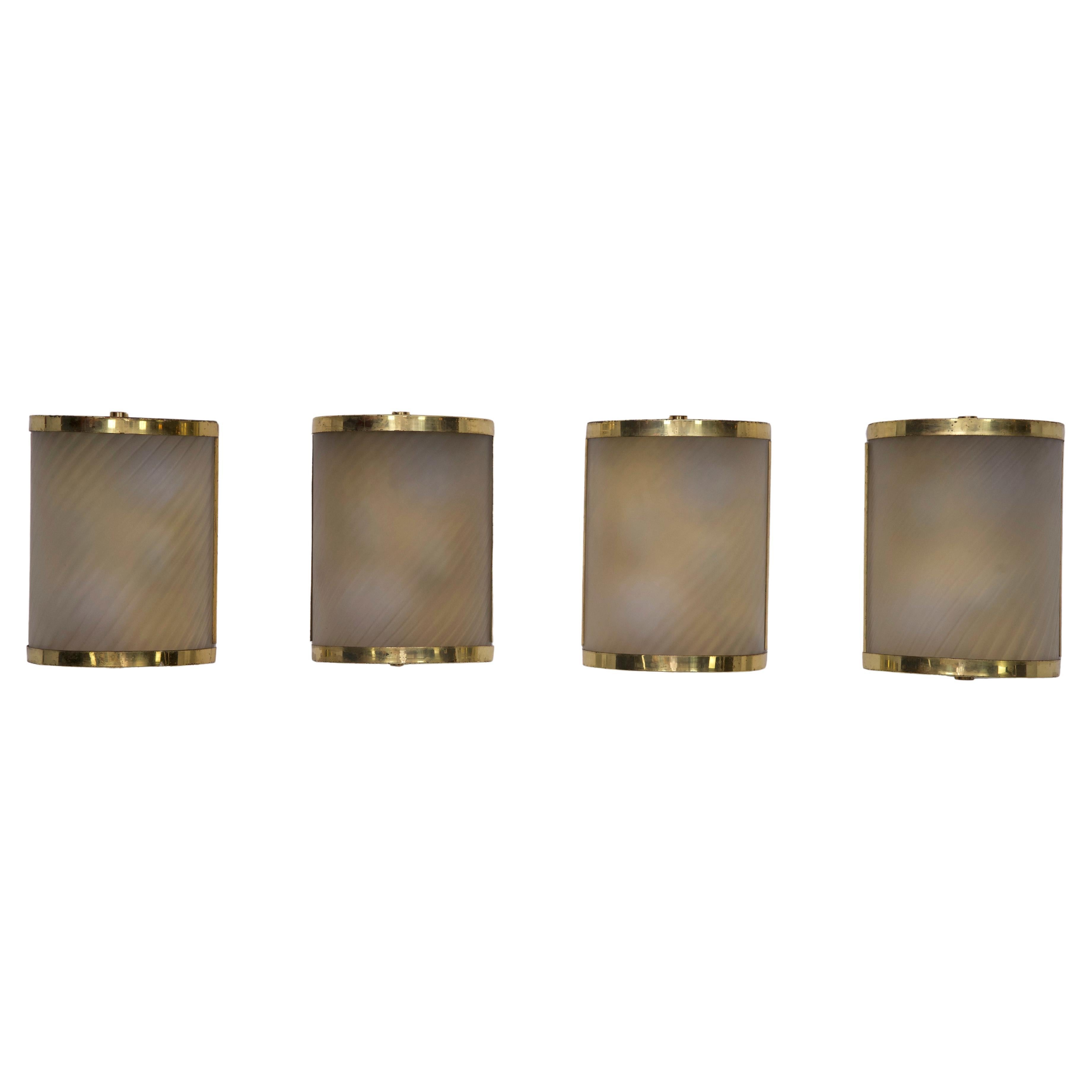 Rare Set of Four Valentino Brass and Etched Glass Wall Sconces, Italy 1980s For Sale