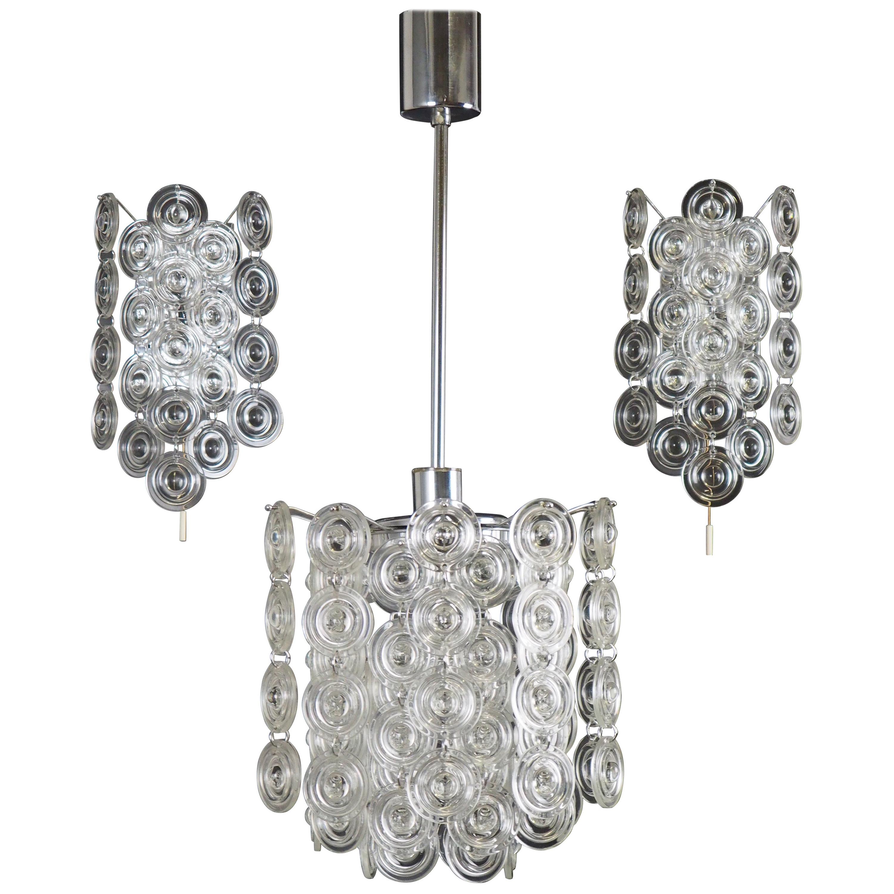 Rare Set of Glass and Nickel Light Fixtures by Sciolari, circa 1970s For Sale