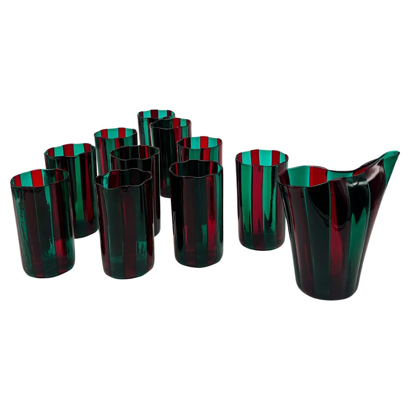 Rare set of glasses and carafe in blown glass by Fulvio Bianconi for Venini For Sale