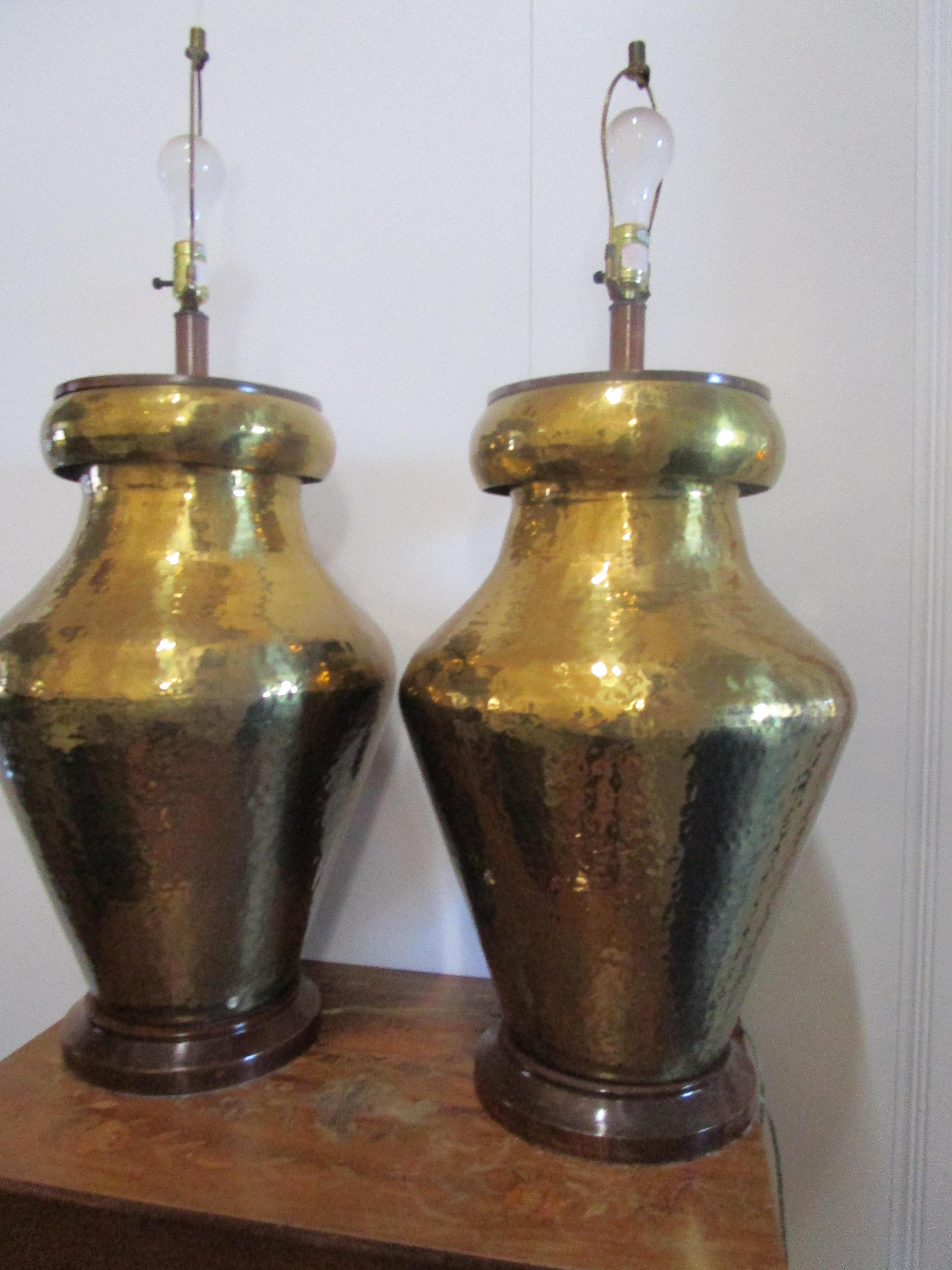 Rare Set of Hand Hammered Gleaming Brass Monumental Table Lamps For Sale 3
