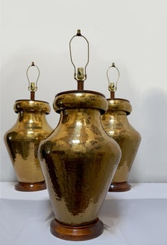 Rare Set of Hand Hammered Gleaming Brass Monumental Table Lamps