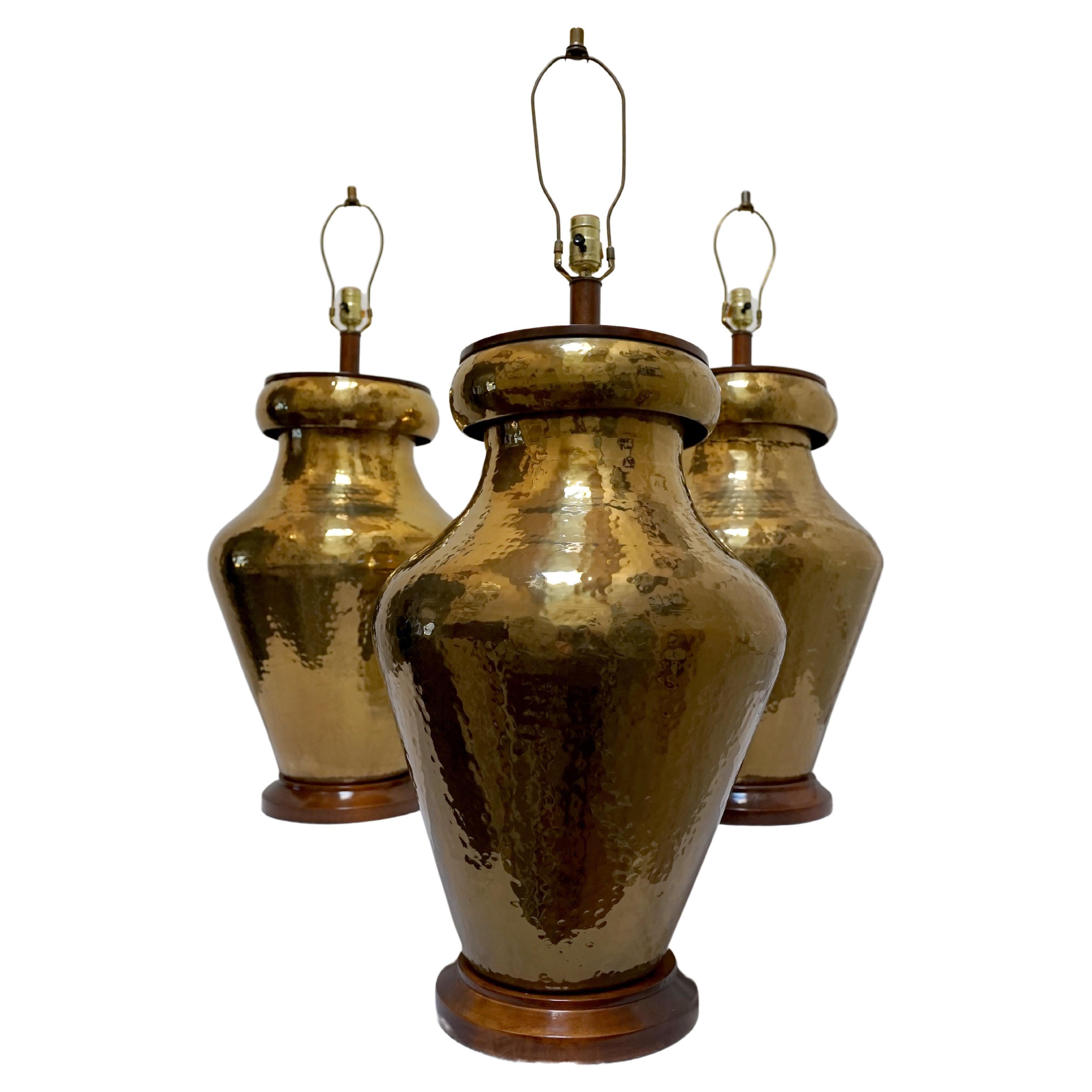 Rare Set of Hand Hammered Gleaming Brass Monumental Table Lamps For Sale