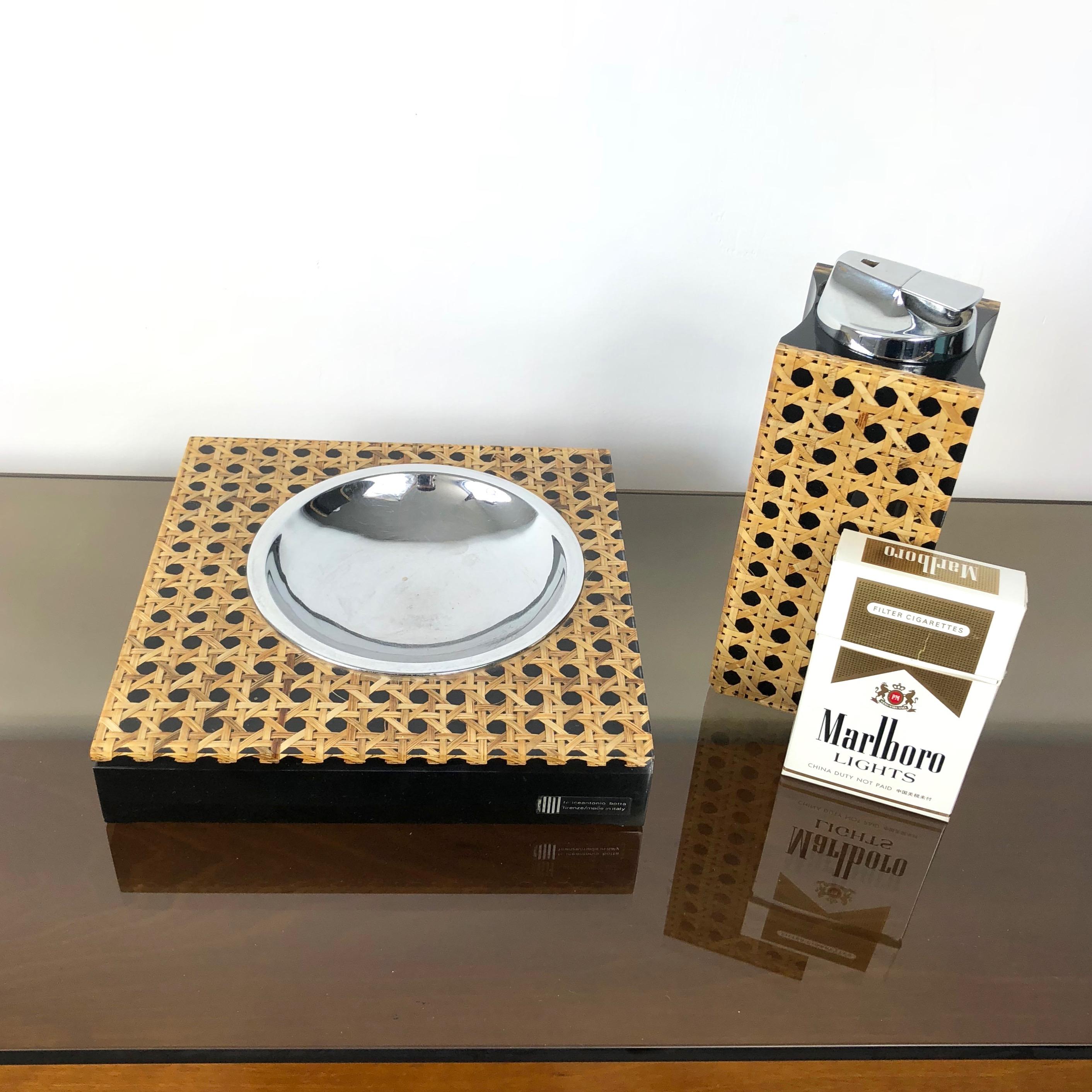 Mid-Century Modern Rare Set of Lucite and Wicker Table Lighter and Ashtray by Felice Antonio Botta