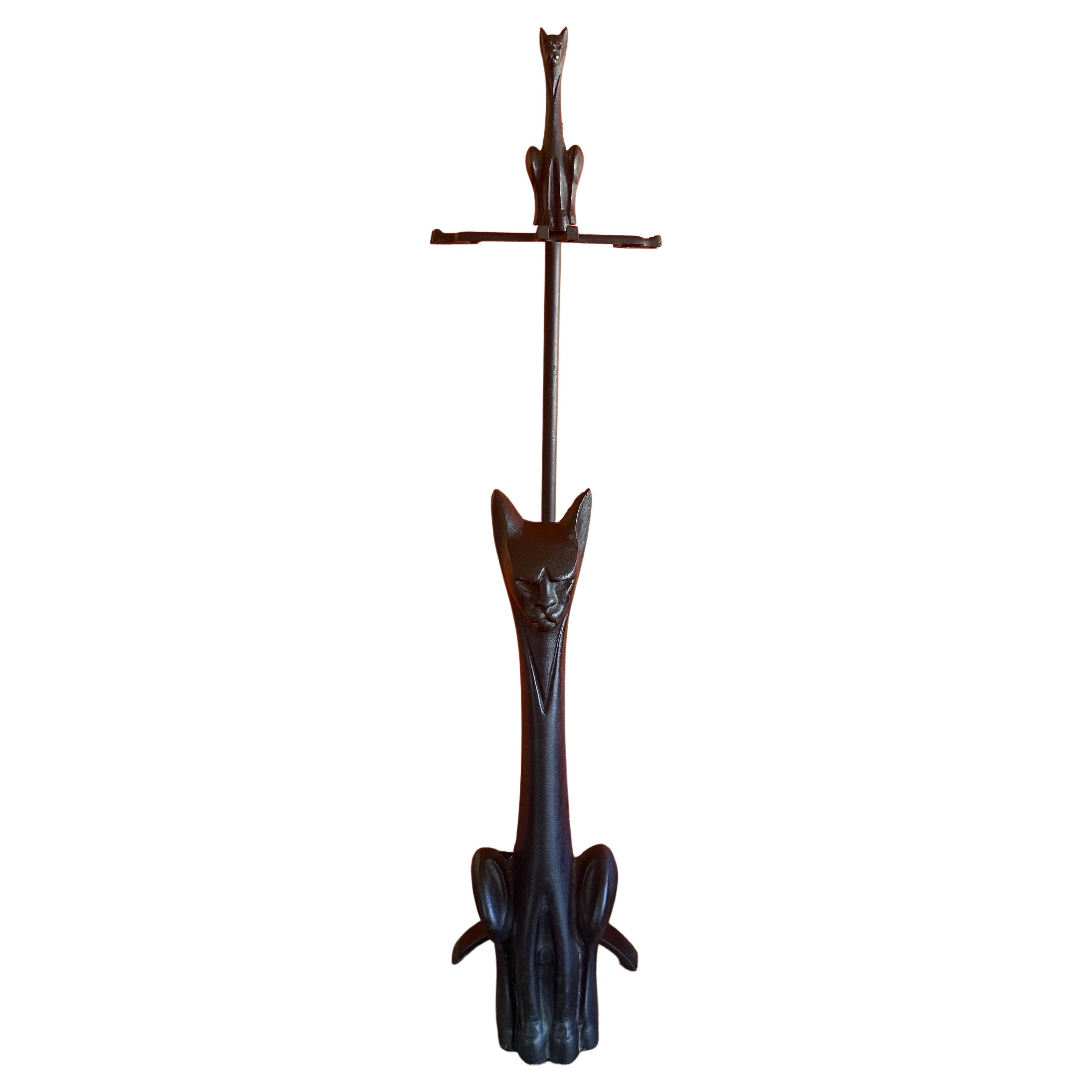 Mid-Century Modern Rare ensemble d'outils de cheminée MCM avec poignées en forme de chat et Stand en vente