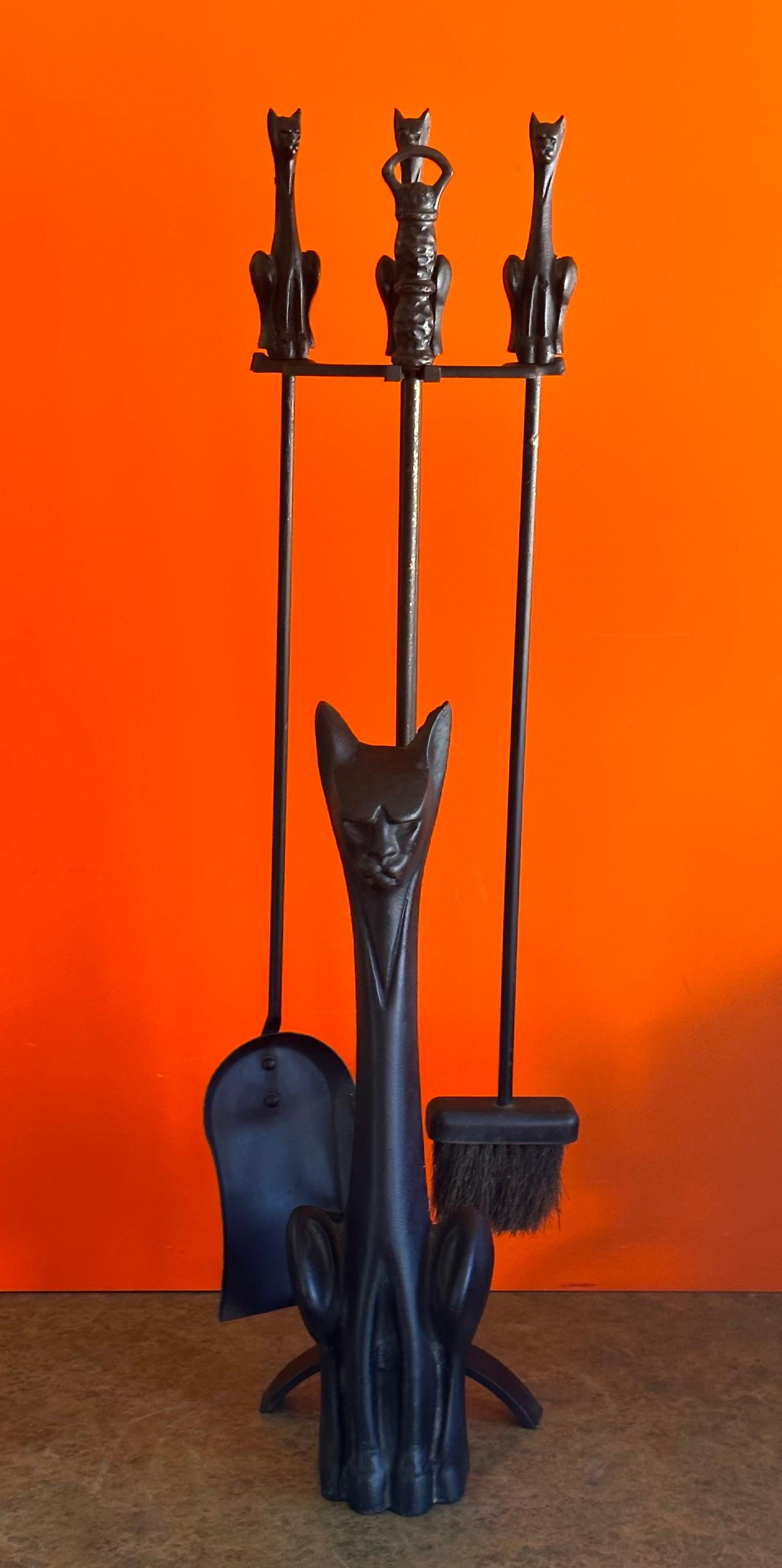 Taiwanese Rare Set of MCM Fireplace Tools with Cat Handles and Stand For Sale
