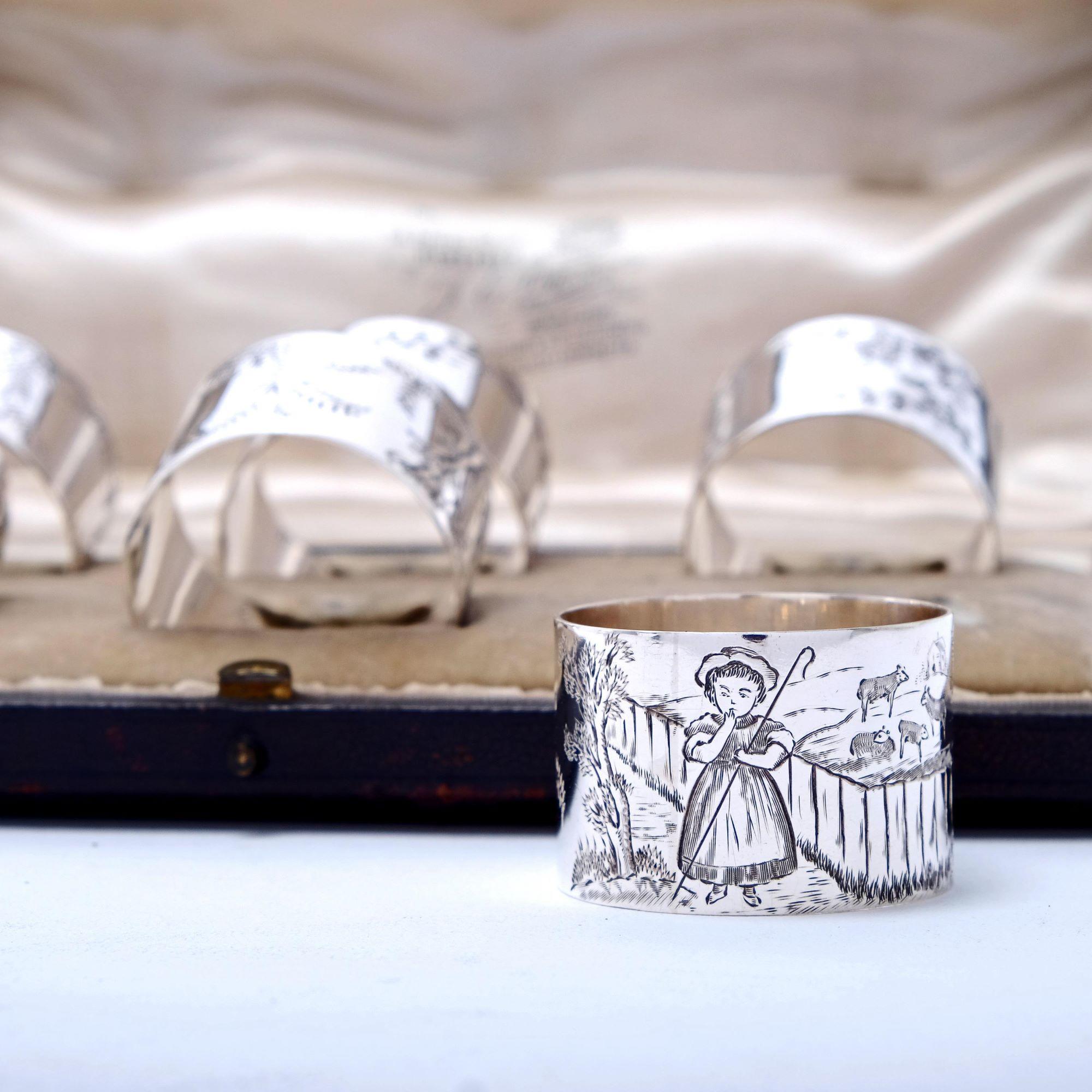 Sterling Silver Rare Set of Nursery Rhyme Silver Napkin Rings