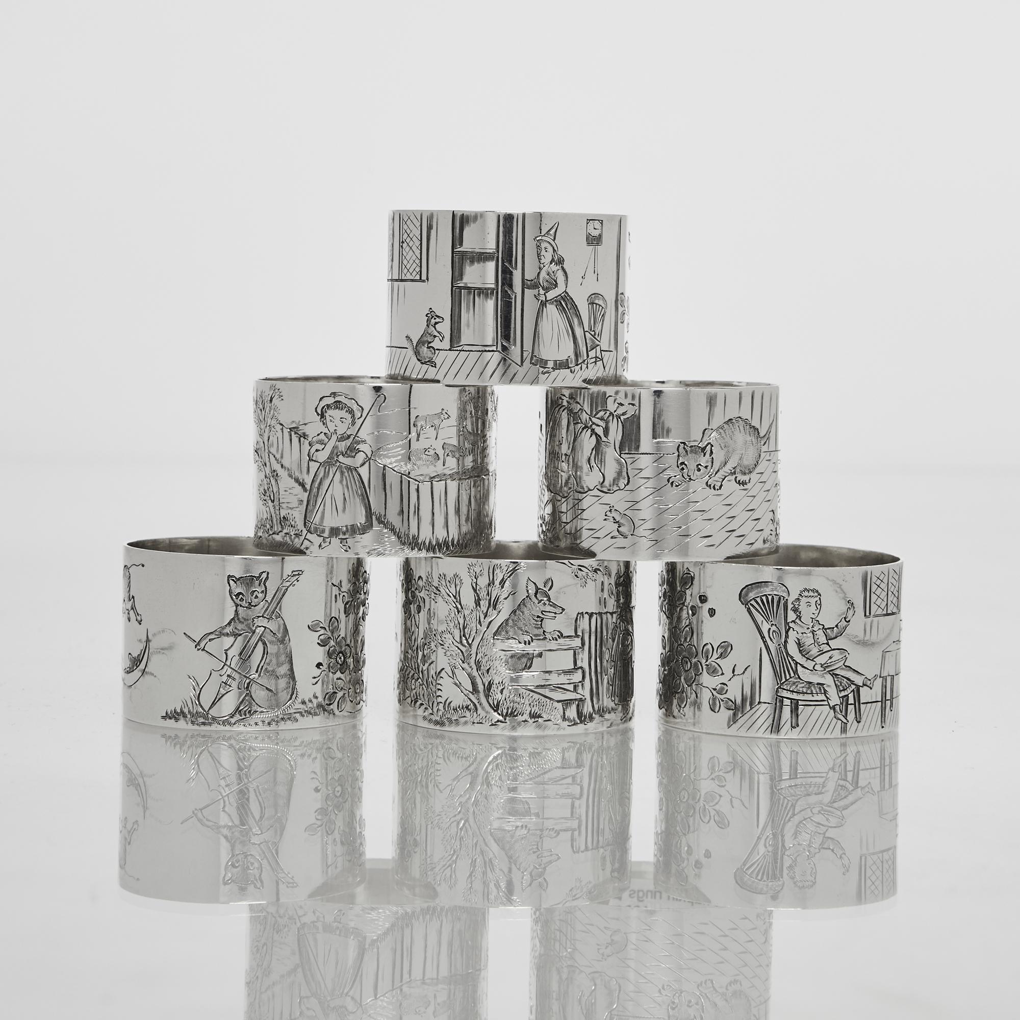 Rare Set of Nursery Rhyme Silver Napkin Rings 1