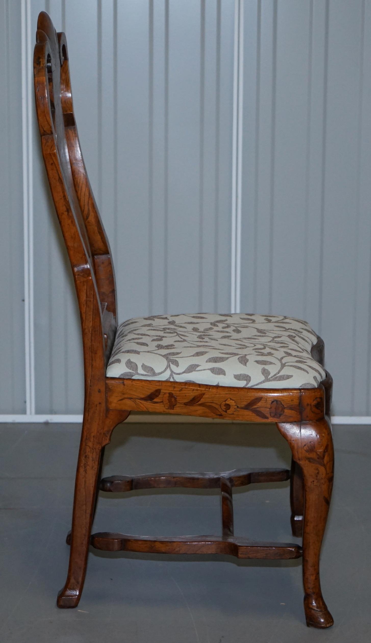 Rare Set of Six 18th Century circa 1760 Dutch Elm Marquetry Inlaid Dining Chairs For Sale 3