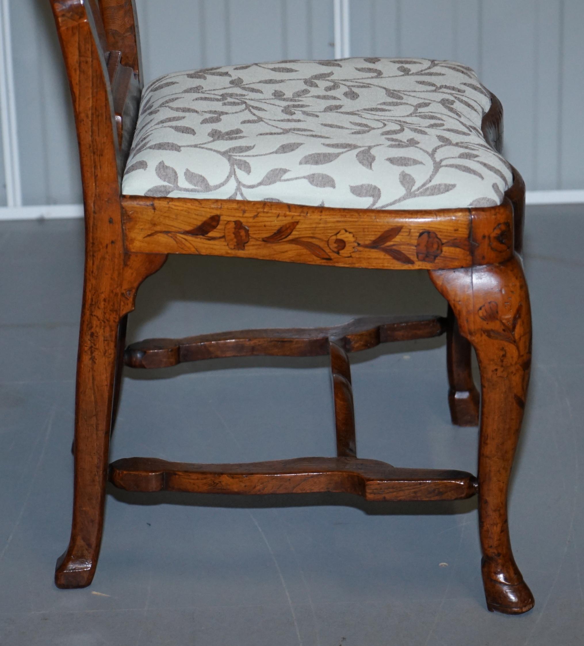 Rare Set of Six 18th Century circa 1760 Dutch Elm Marquetry Inlaid Dining Chairs For Sale 4