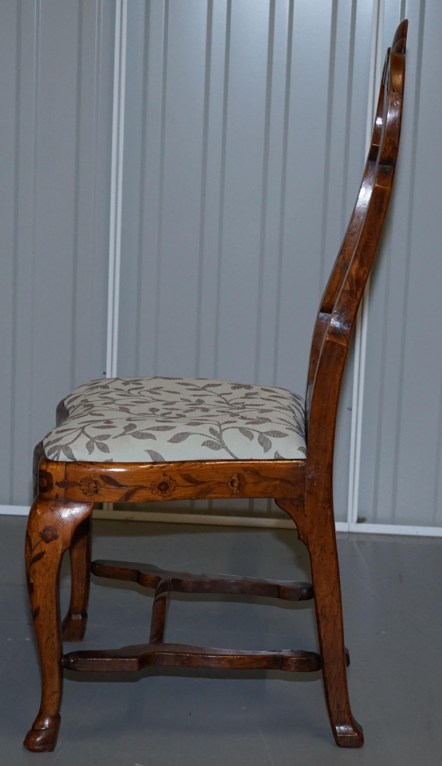 Rare Set of Six 18th Century circa 1760 Dutch Elm Marquetry Inlaid Dining Chairs For Sale 6