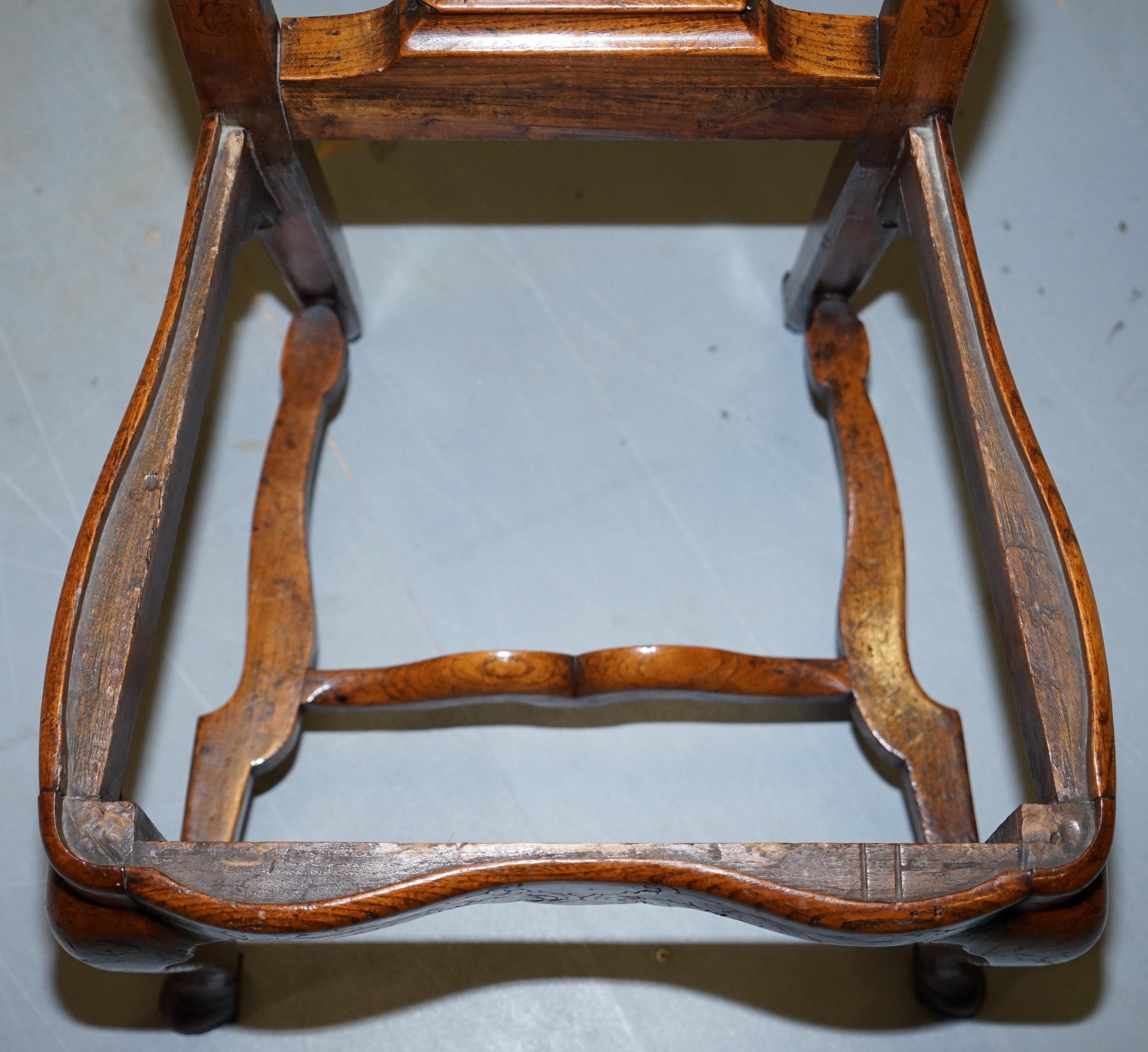 Rare Set of Six 18th Century circa 1760 Dutch Elm Marquetry Inlaid Dining Chairs For Sale 9