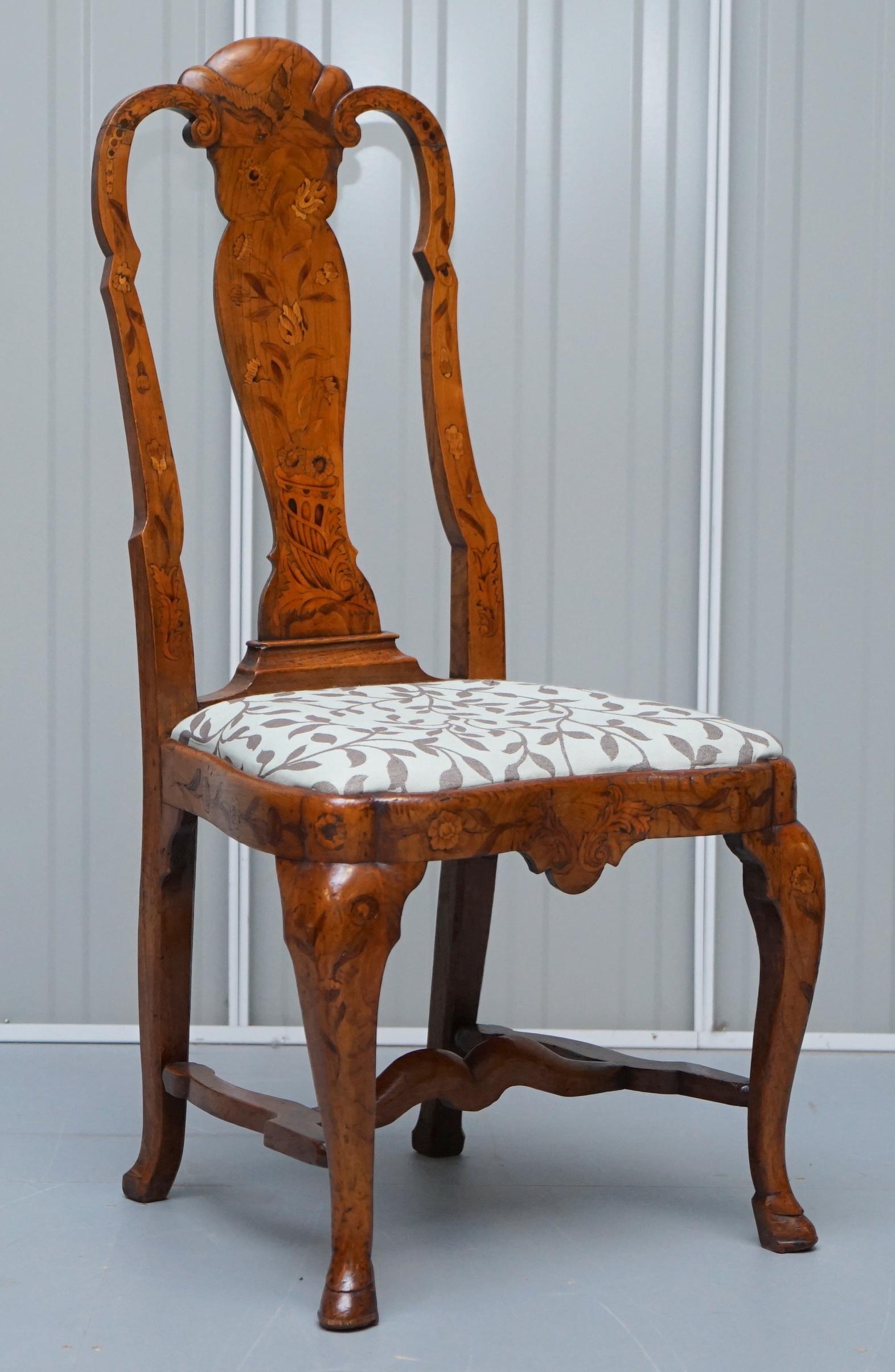 We are delighted to offer for sale this stunning and exceptionally rare set of six totally original 18th century circa 1760 hand carved Dutch Elm Marquetry inlaid dining chairs

These chairs are exceptionally well made and highly collectable, its