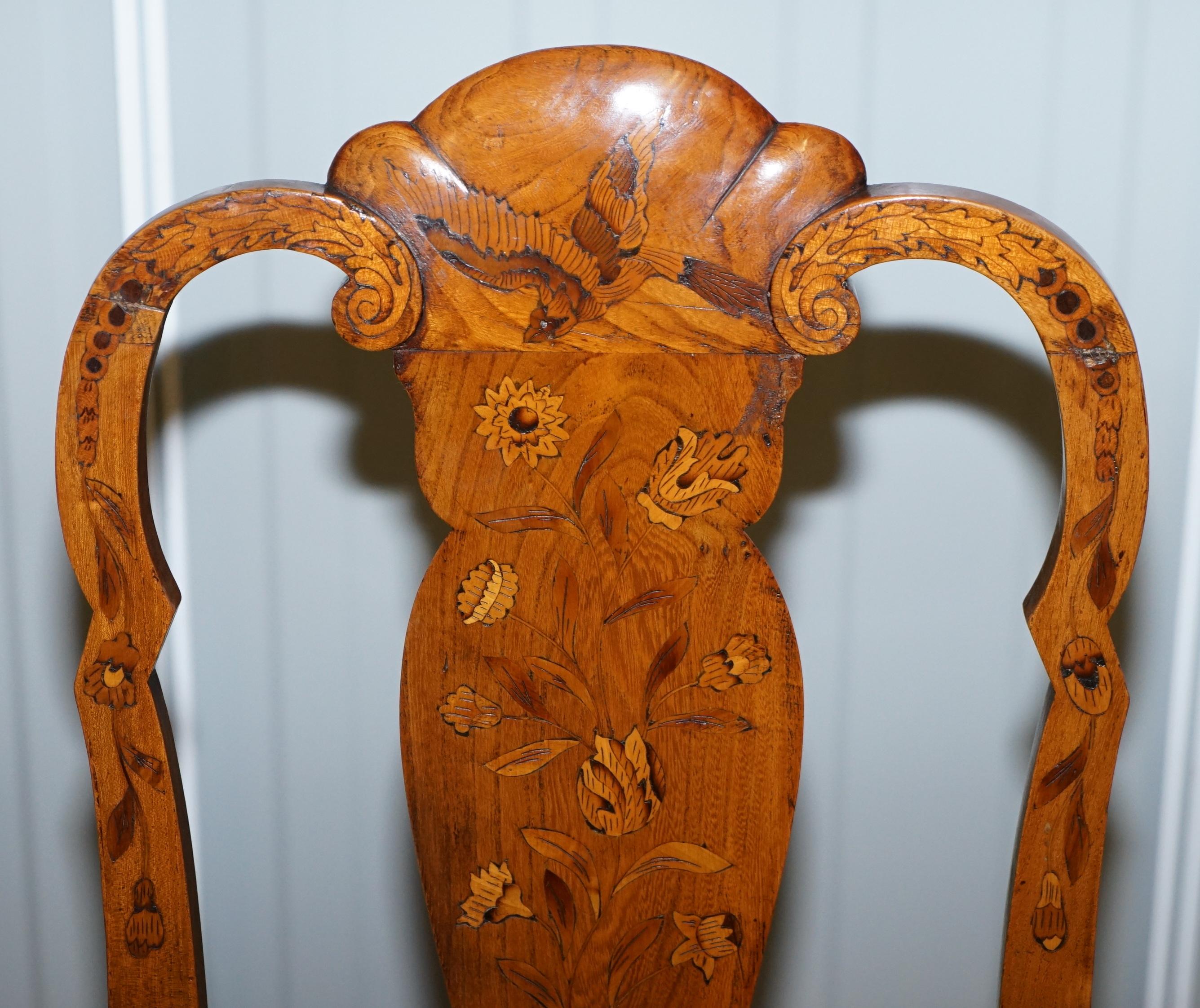 English Rare Set of Six 18th Century circa 1760 Dutch Elm Marquetry Inlaid Dining Chairs For Sale