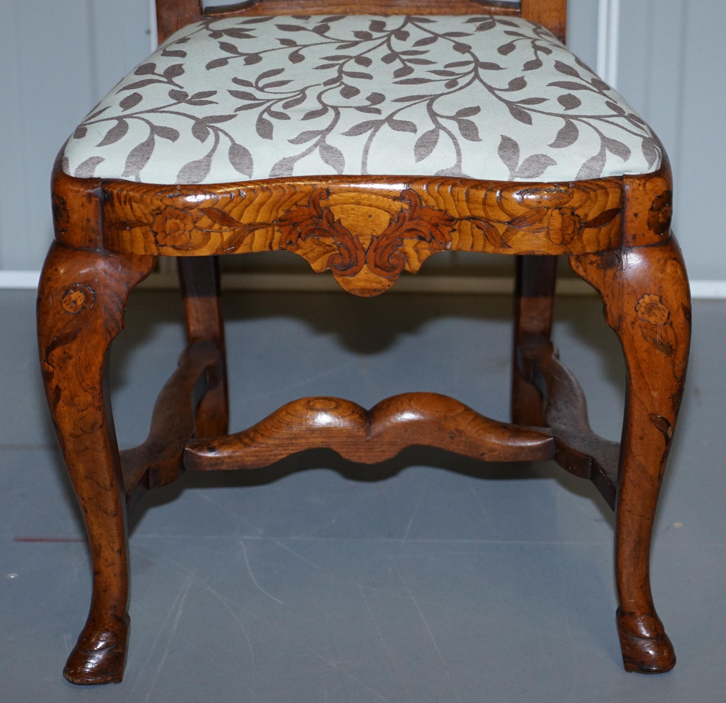 Rare Set of Six 18th Century circa 1760 Dutch Elm Marquetry Inlaid Dining Chairs For Sale 2