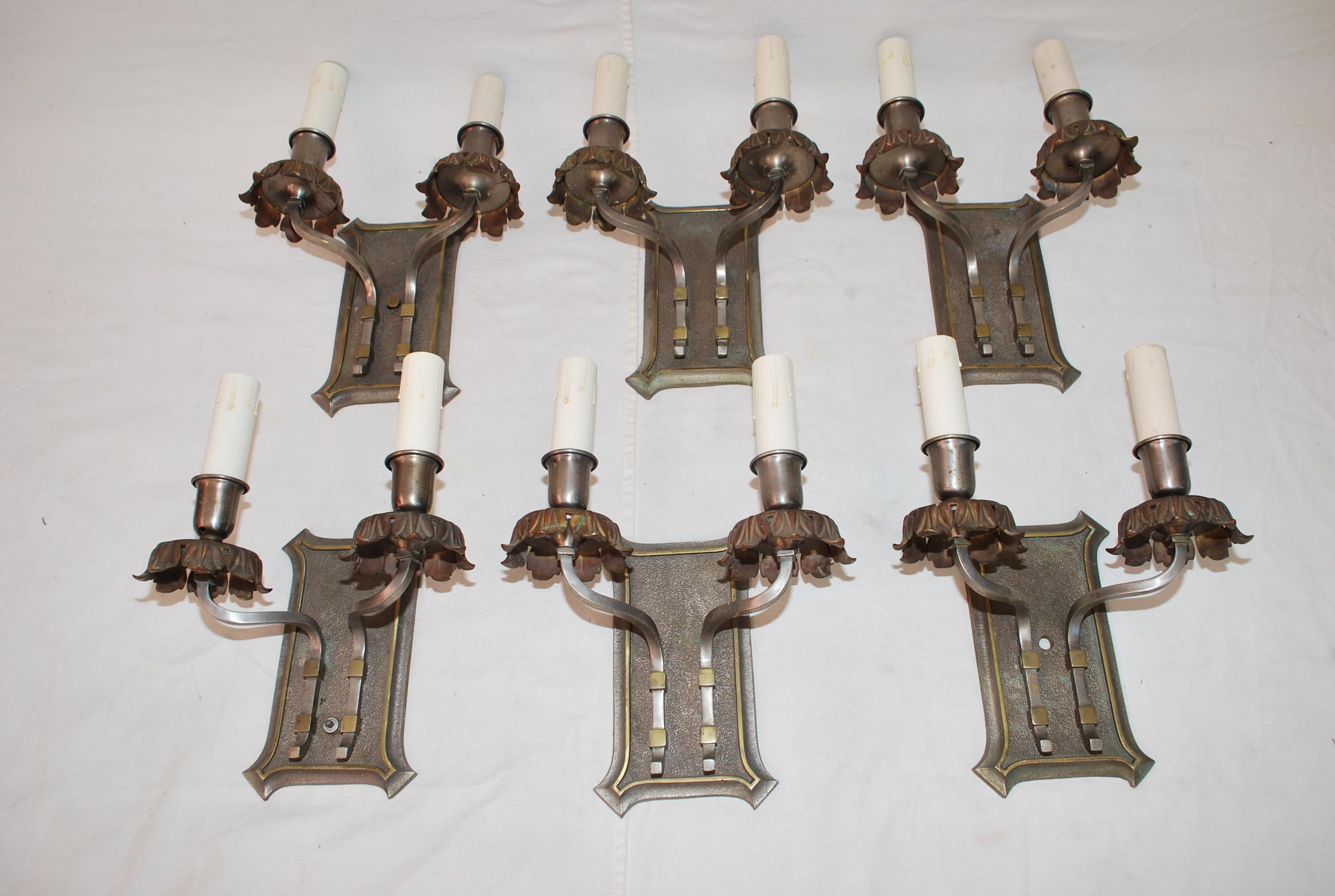 Early 20th Century Rare set of six 1920's brass and silver sconces For Sale