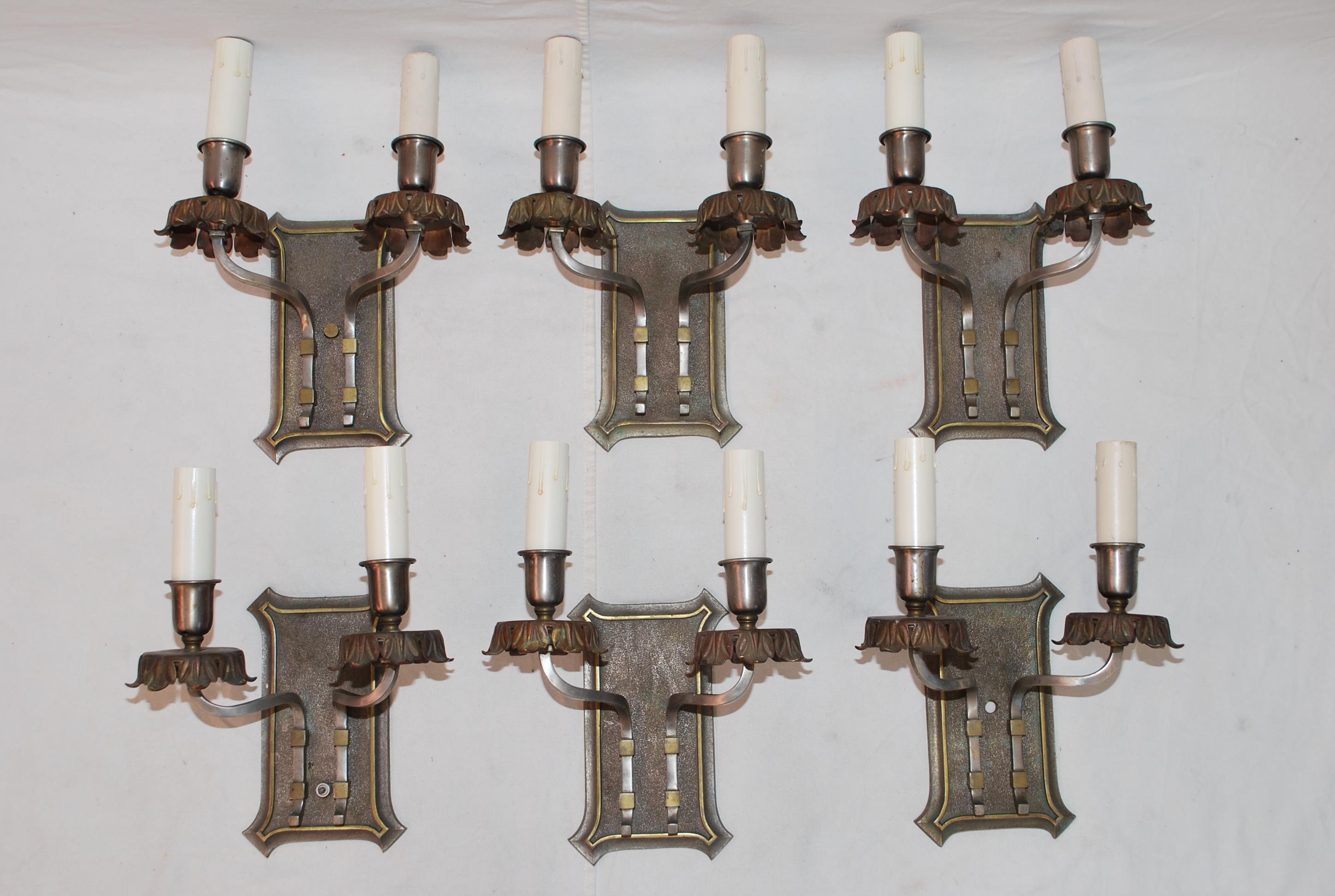 Brass Rare set of six 1920's brass and silver sconces For Sale