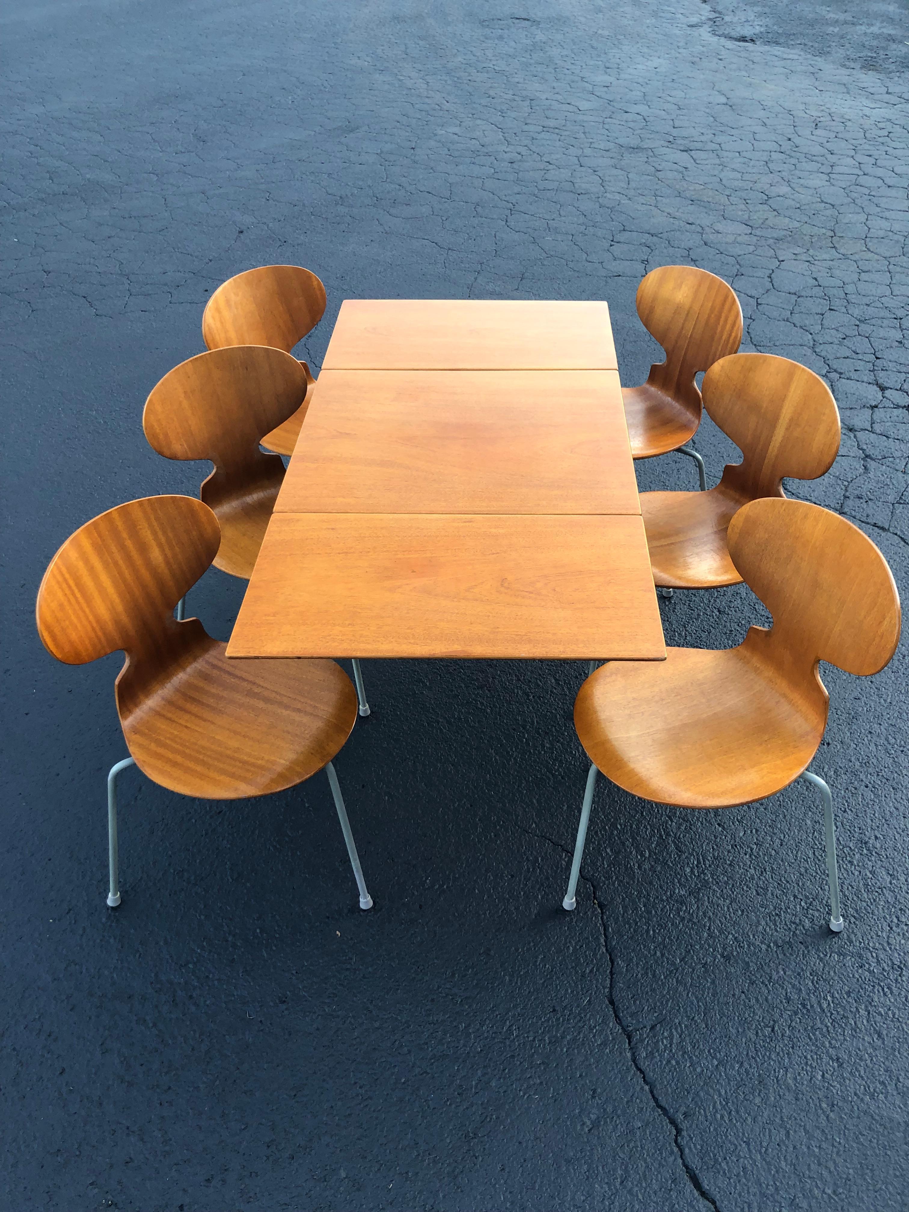 Rare set of six Arne Jacobsen Ant chairs Model #3100 with matching drop-leaf table. Manufactured by Fritz Hansen, 1950s label. Table has custom piece glass top if desired. Table measures: 27.50 D x 55 W x 27.25 H. Small flea bite chip to one corner