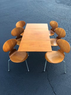 Rare Set of Six Arne Jacobsen Ant Chairs with Drop-Leaf Table