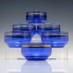 Rare Set of Six Art Nouveau Secessionist Copper Overlay Blue Glass Finger Bowls