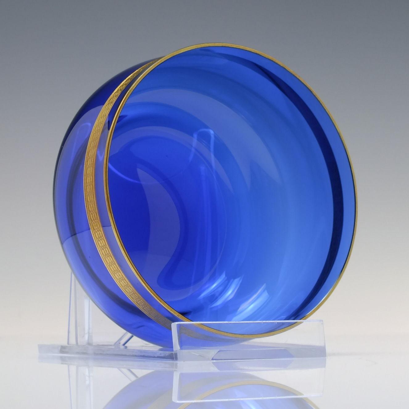Blown Glass Rare Set of Six Art Nouveau Secessionist Copper Overlay Blue Glass Finger Bowls For Sale