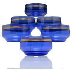 Antique Rare Set of Six Art Nouveau Secessionist Copper Overlay Blue Glass Finger Bowls