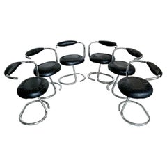 Rare Set of Six Black Leather "Cobra" Space Age Dining Chairs by Giotto Stoppino