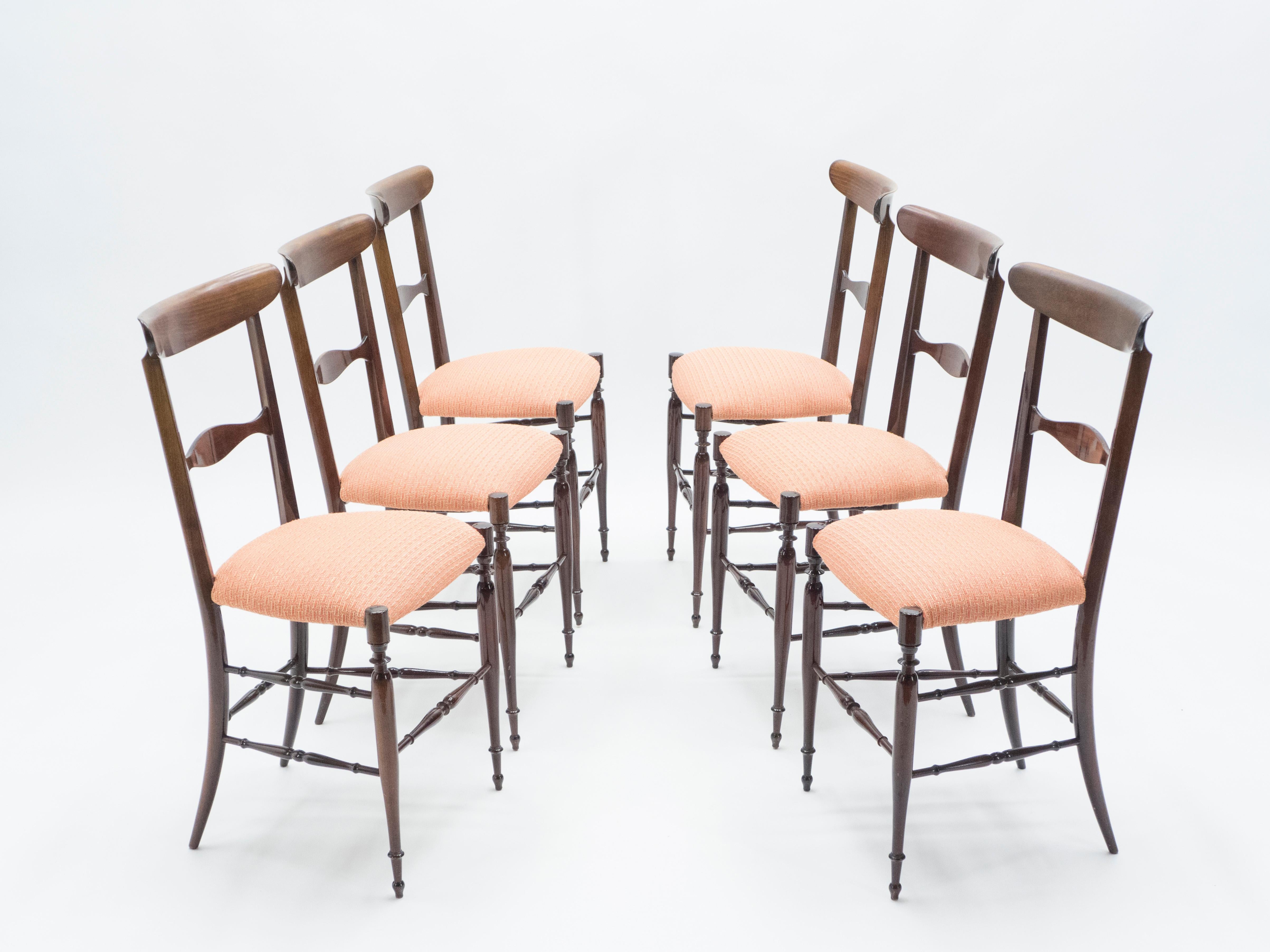 Beautiful set of six Italian chairs in walnut wood, model 