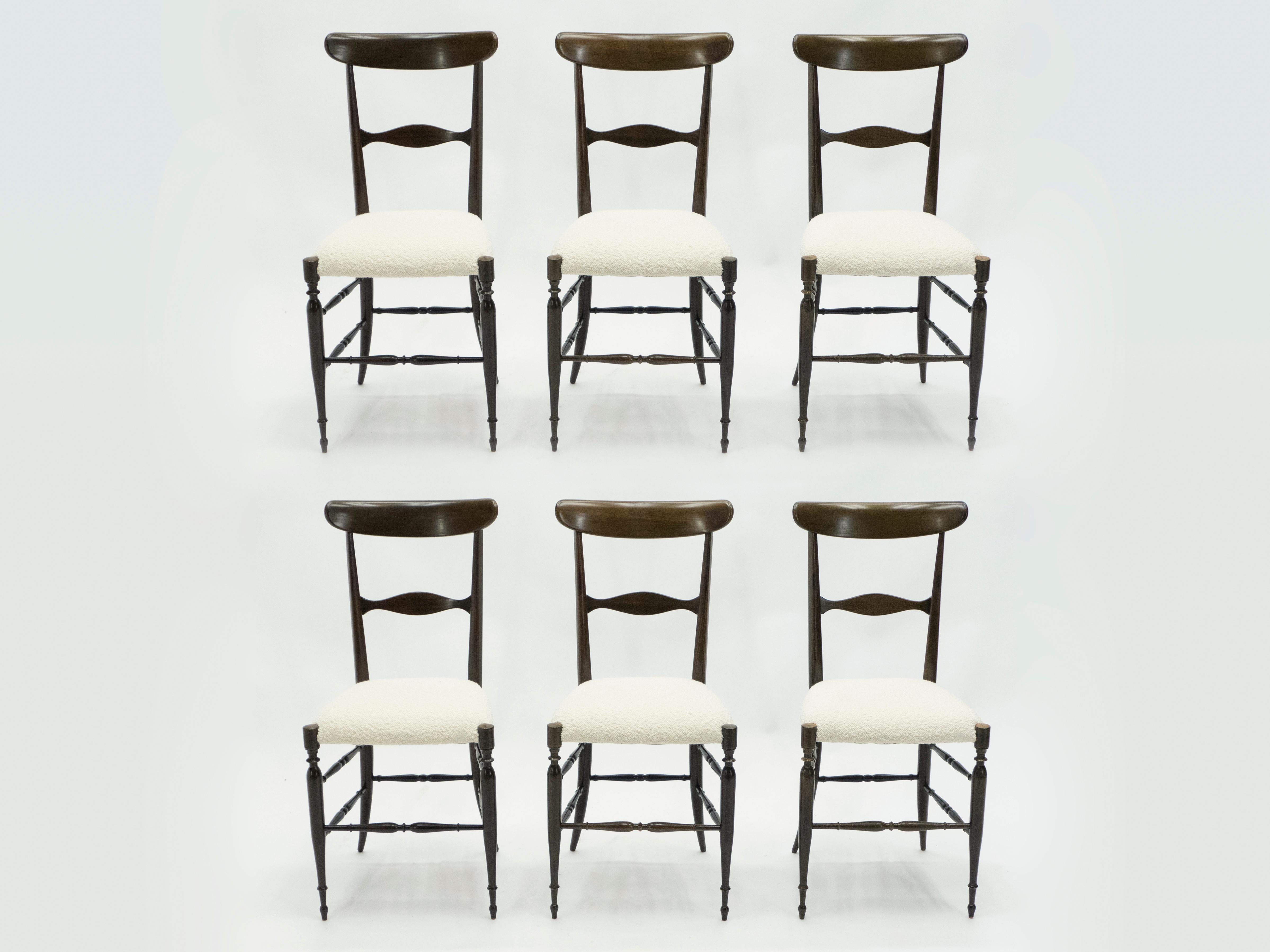 Beautiful set of six Italian chairs in walnut wood, model 