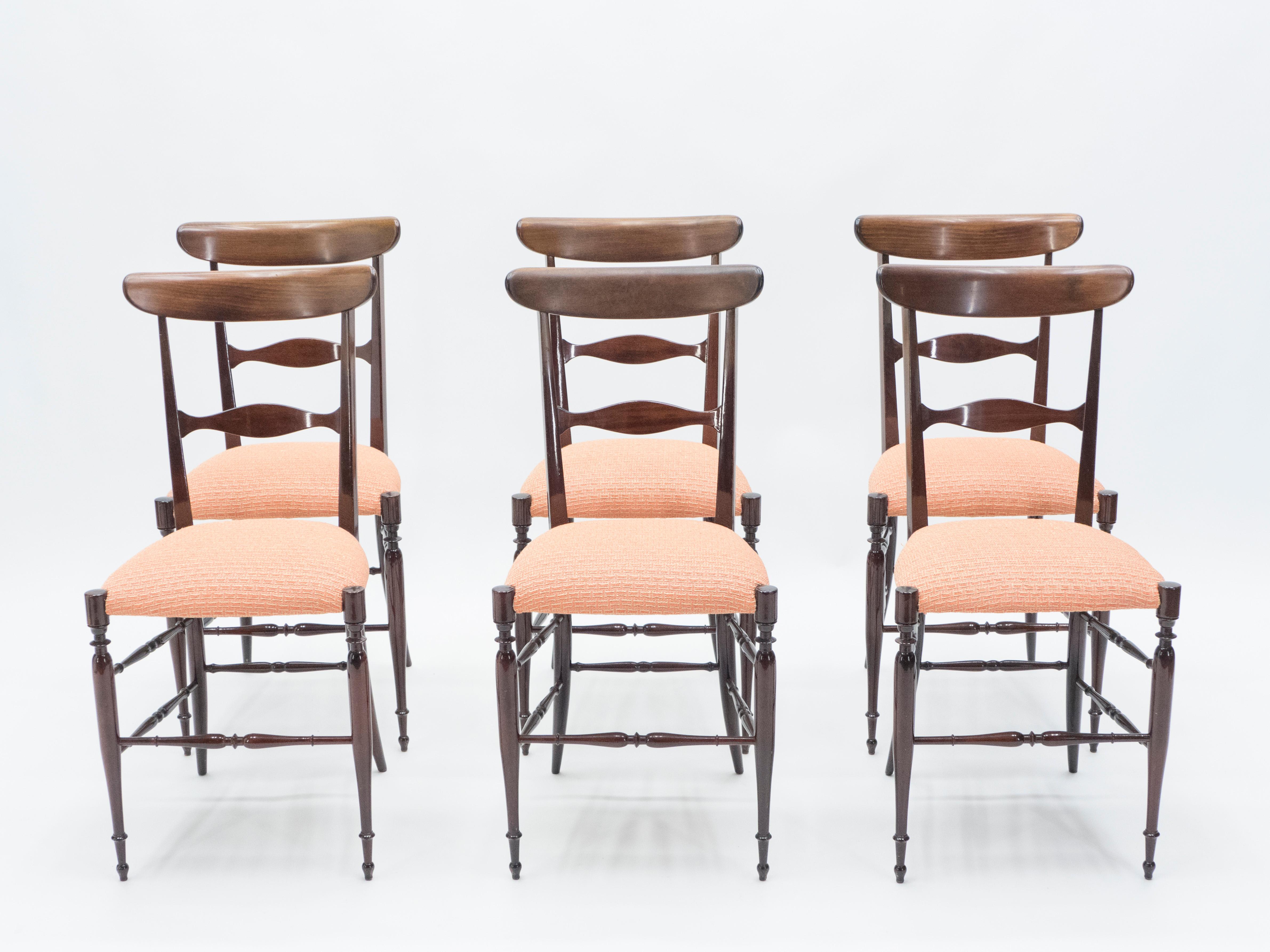 Mid-Century Modern Rare Set of Six Campanino Chiavari Walnut Chairs by Fratelli Levaggi, 1950 For Sale