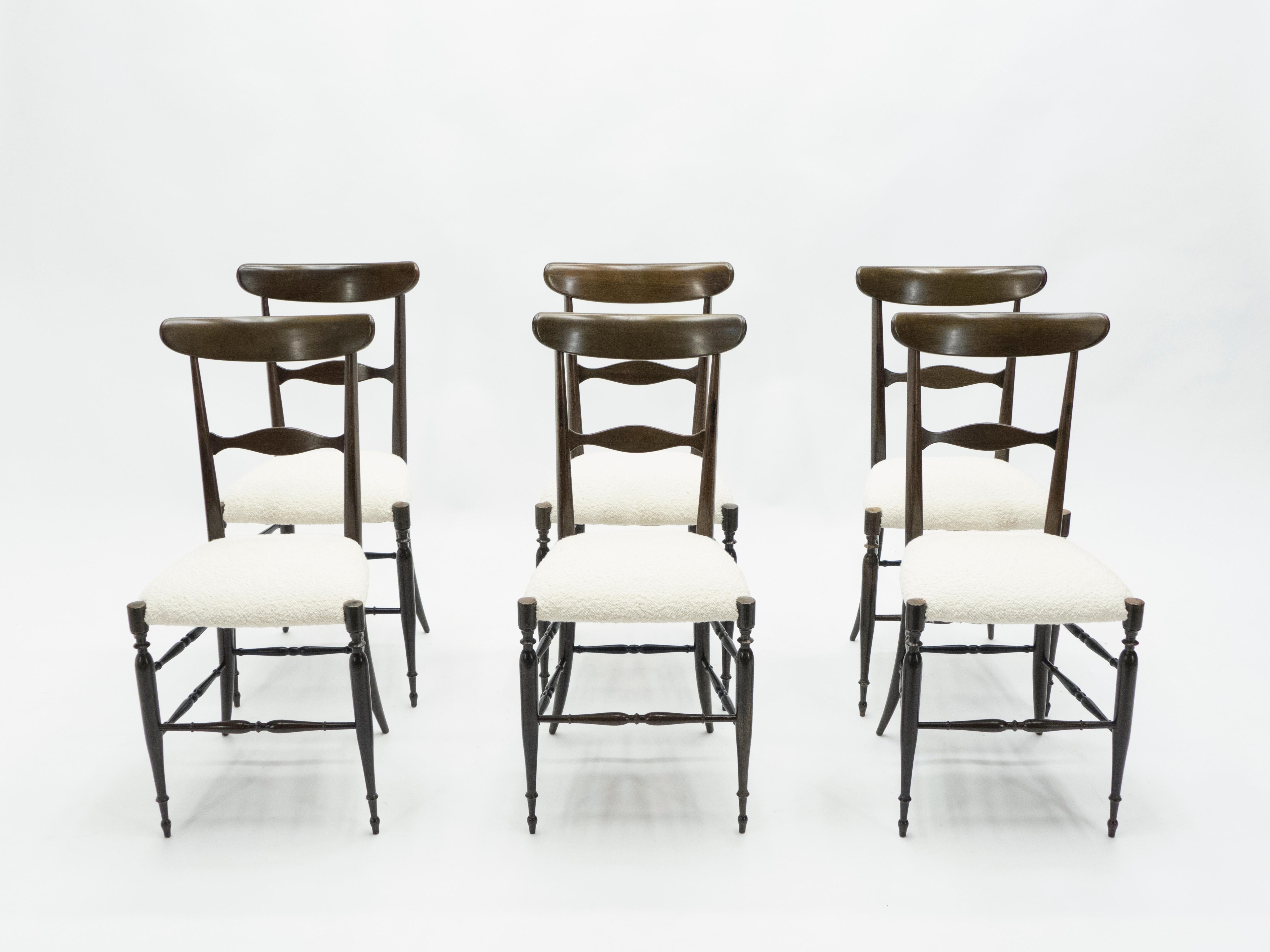 Mid-Century Modern Rare Set of Six Campanino Chiavari Walnut Chairs by Fratelli Levaggi, 1950 For Sale