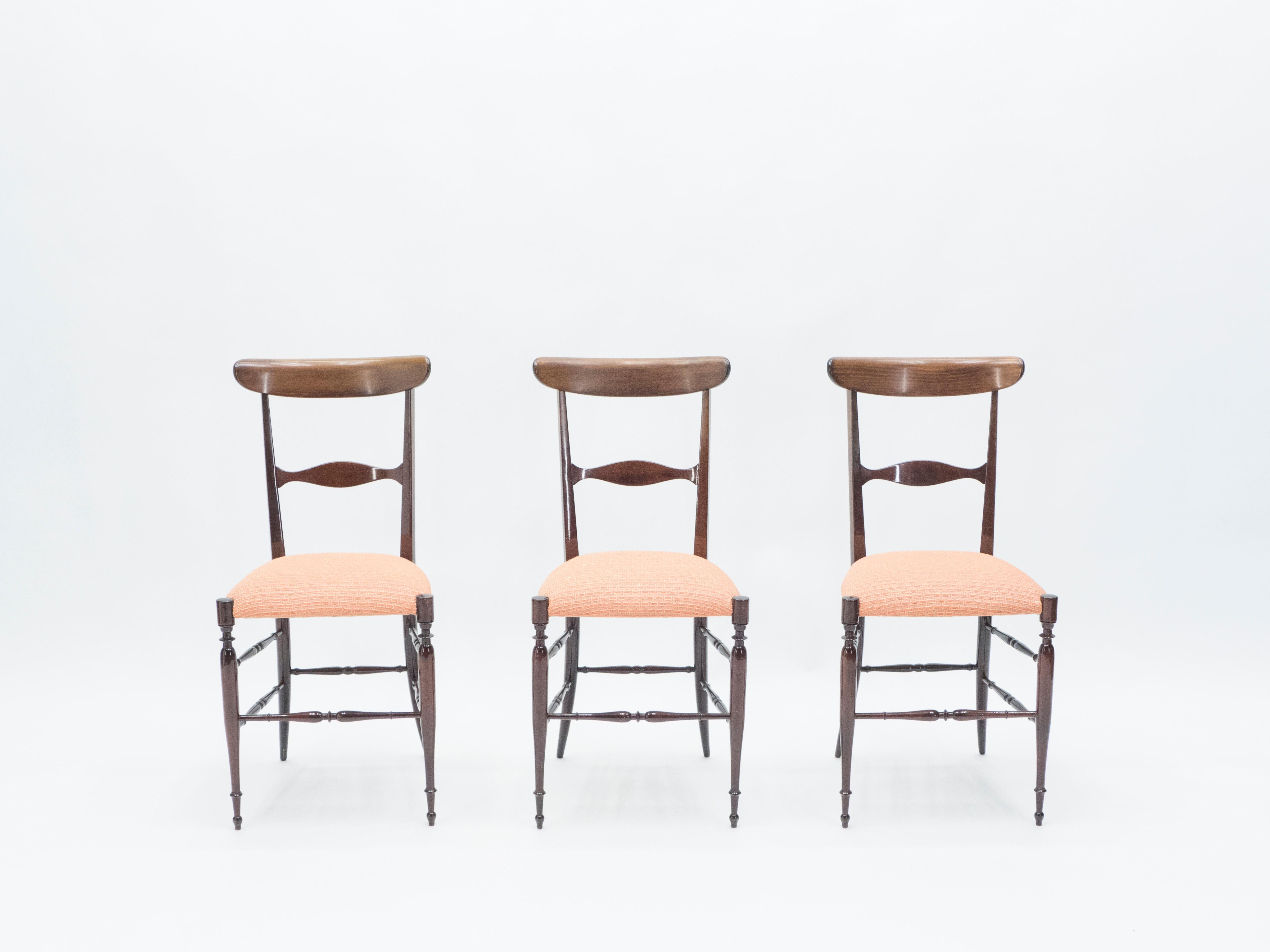 Italian Rare Set of Six Campanino Chiavari Walnut Chairs by Fratelli Levaggi, 1950 For Sale