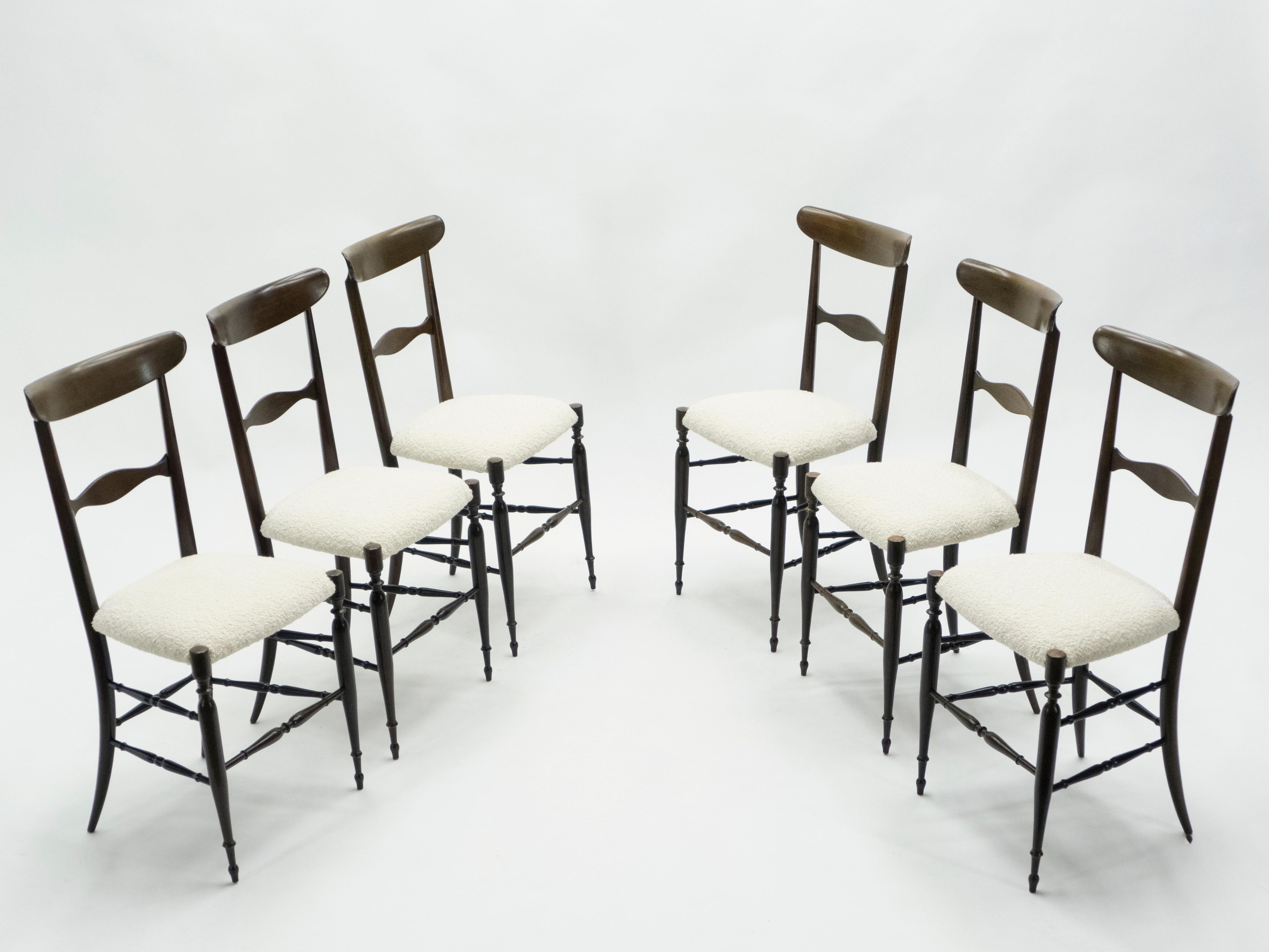 Mid-20th Century Rare Set of Six Campanino Chiavari Walnut Chairs by Fratelli Levaggi, 1950 For Sale