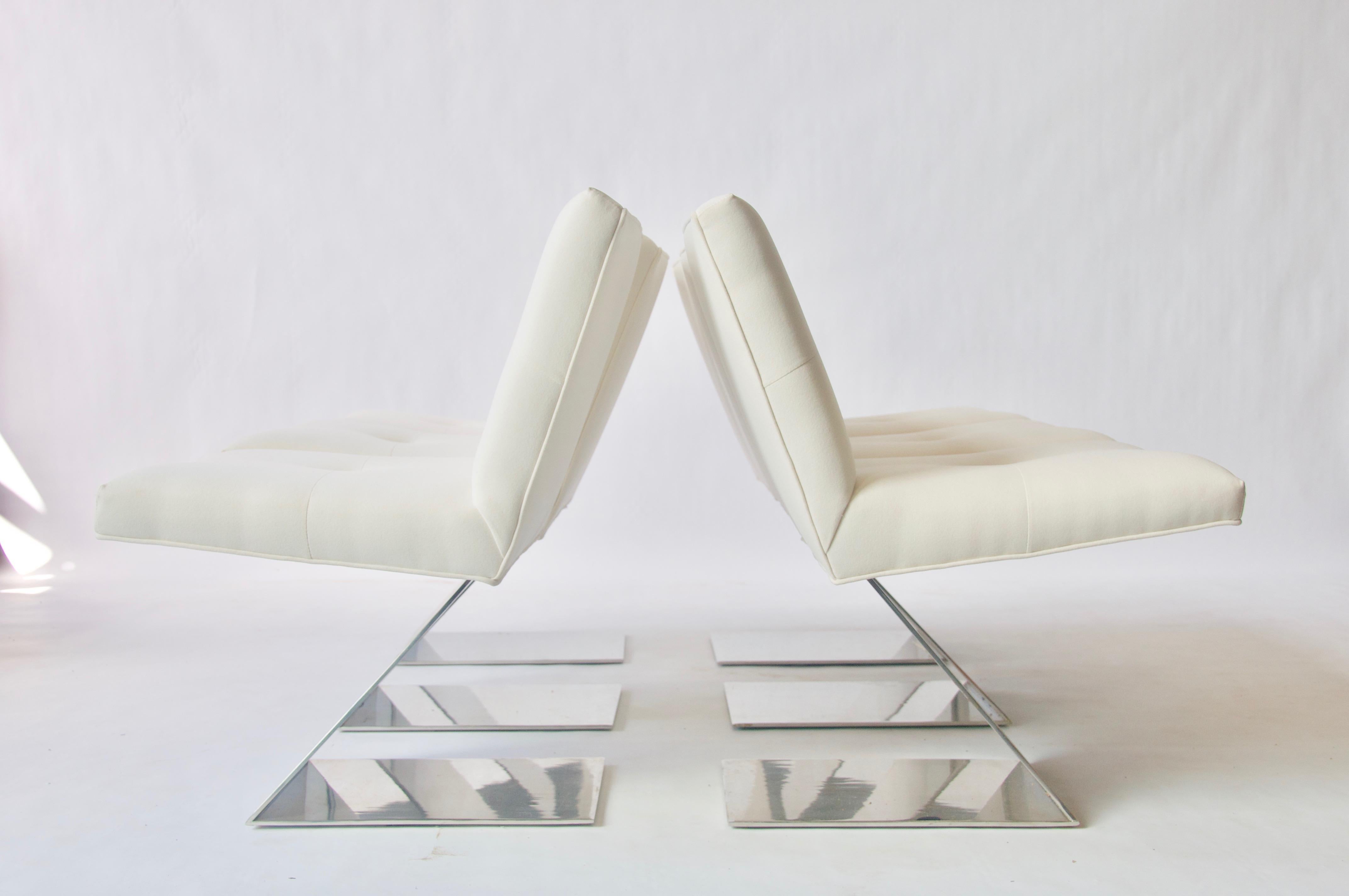 Offered by OLIVER MODERN, Rare set of six cantilevered Milo Baughman chairs on polished steel bases.