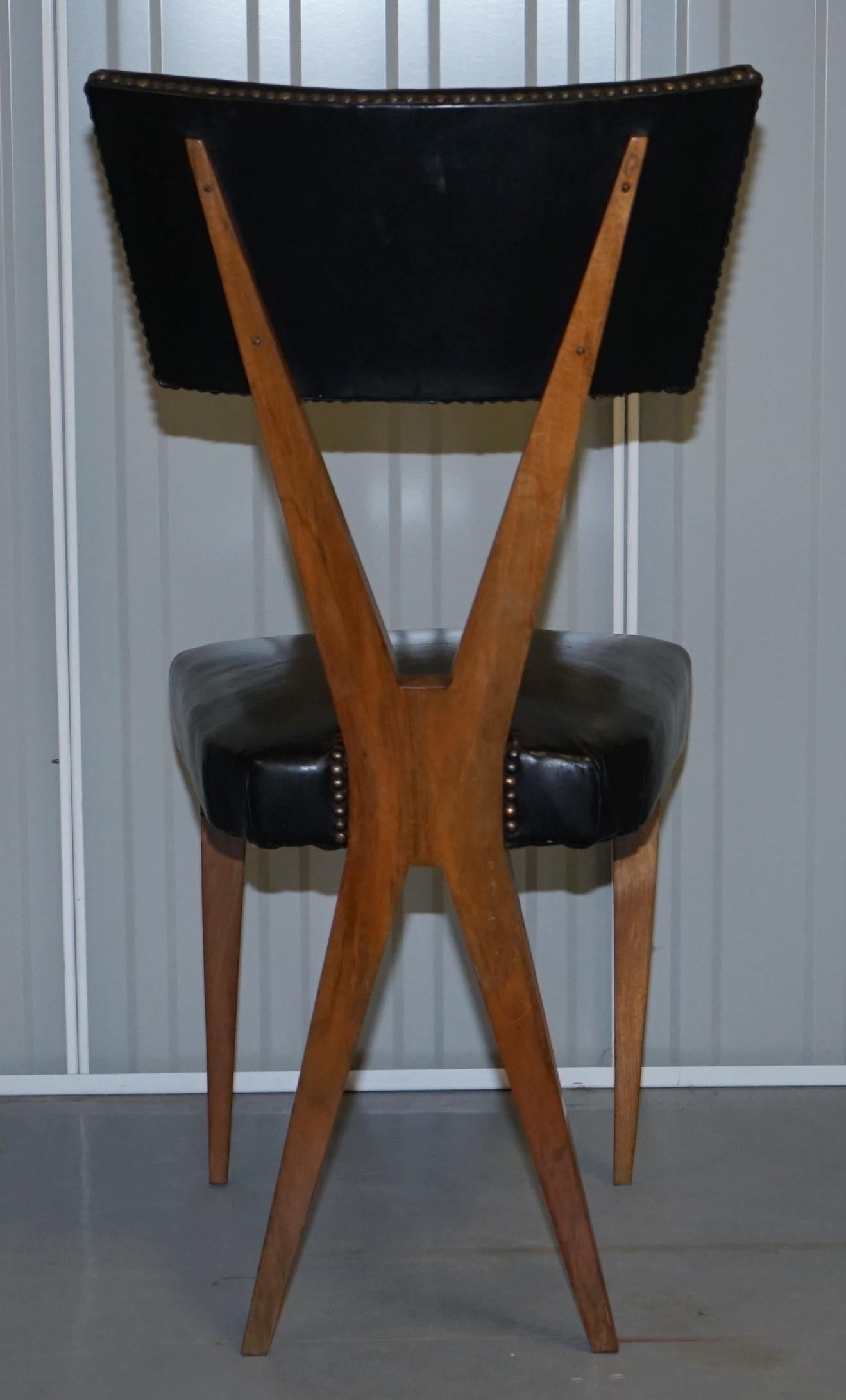 Rare Set of Six circa 1950 Gianni Vigorelli Walnut & Black Leather Dining Chairs 5