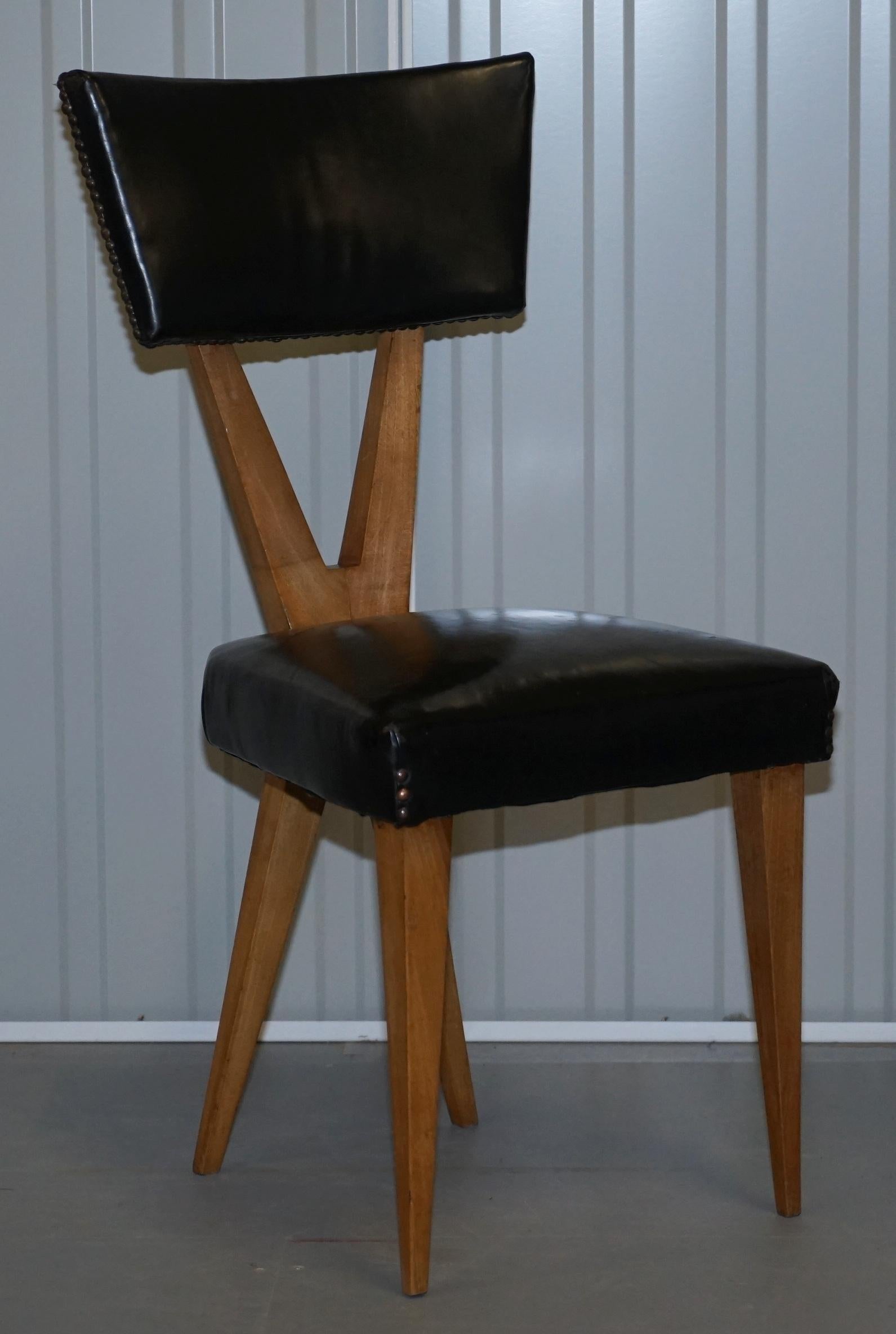 Rare Set of Six circa 1950 Gianni Vigorelli Walnut & Black Leather Dining Chairs 7
