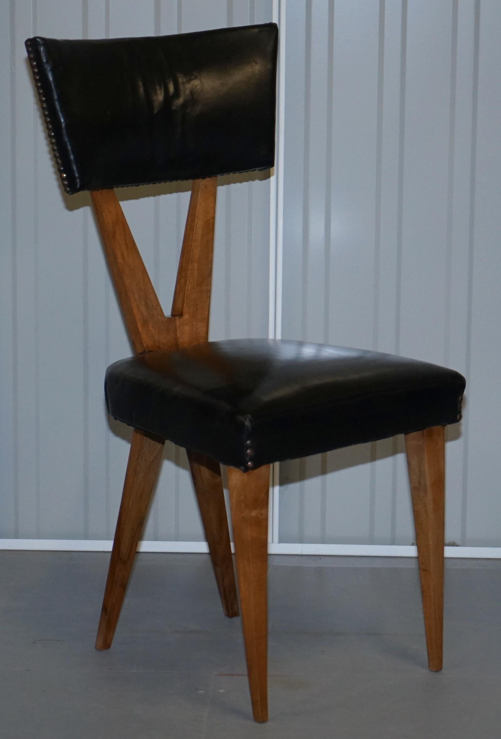 Rare Set of Six circa 1950 Gianni Vigorelli Walnut & Black Leather Dining Chairs 9
