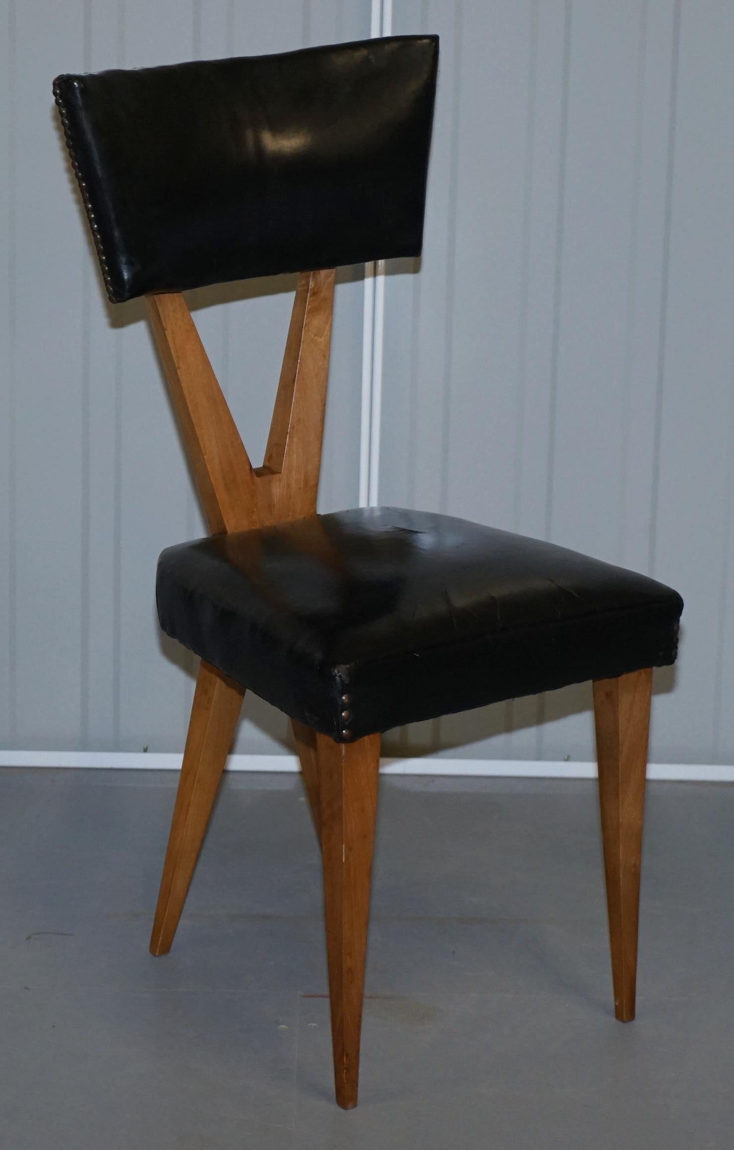 Rare Set of Six circa 1950 Gianni Vigorelli Walnut & Black Leather Dining Chairs 10
